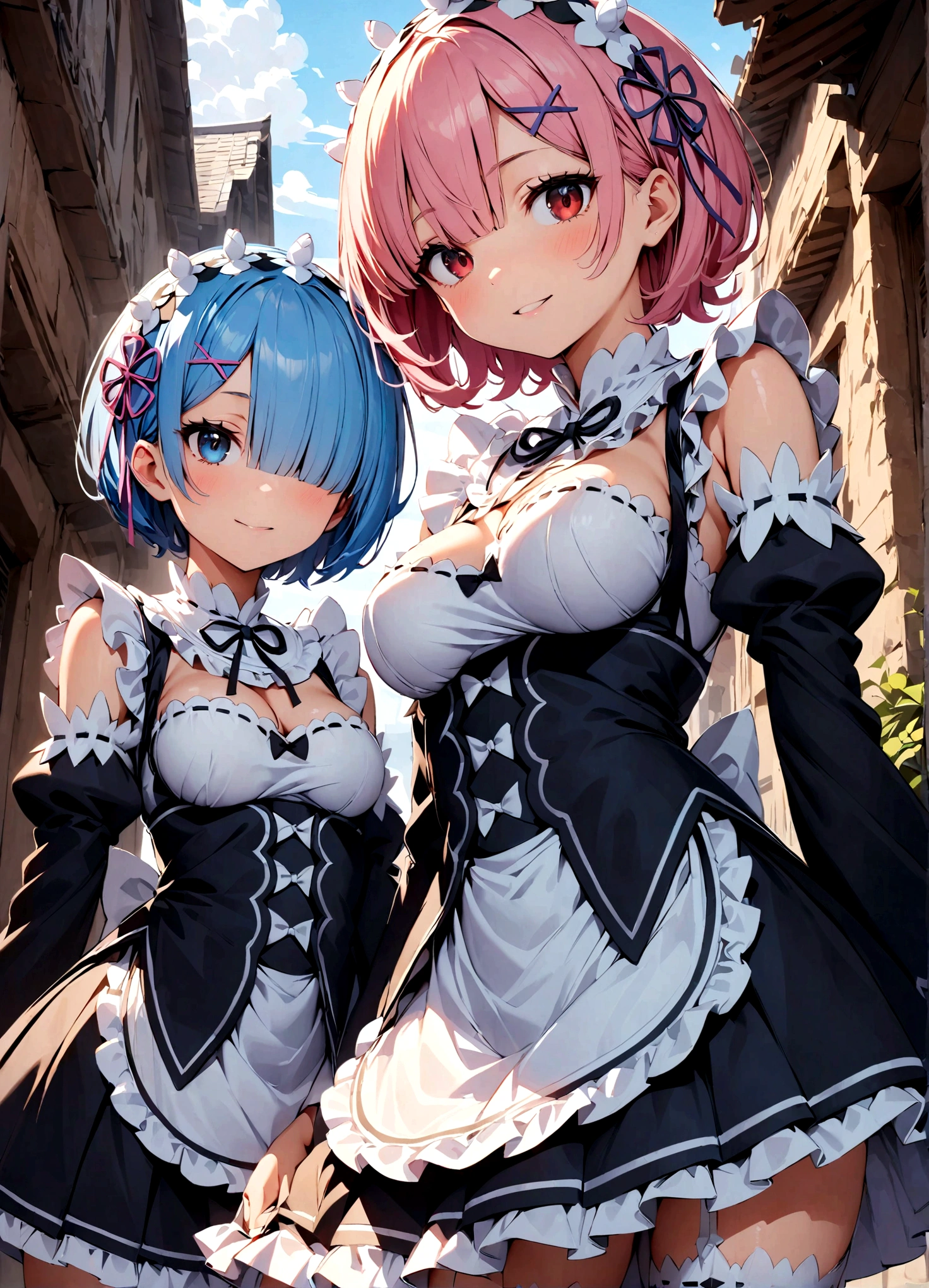 (highest quality:1.2, Very detailed, Latest, Vibrant, Super Detail, Ultra-high resolution, High Contrast, masterpiece:1.2, highest quality, Best aesthetics), Two people, (2 women), Two women posing side by side, Woman on the right:rem \(re:zero\), blue eyes, blue hair, hair ornament, hair over one eye, hair ribbon, short hair, x hair ornament, nayutaren, blue hair, roswaal mansion maid uniform, Woman on the left:ram \(re:zero\), pink hair, white thighhighs, short hair, red eyes, hair over one eye, hair ribbon, x hair ornament, maid headdress, waist apron, garter straps, black ribbon, small breasts, detached sleeves, neck ribbon, hair flower, roswaal mansion maid uniform, Dynamic Angle, Random Pause, Cowboy Shot,