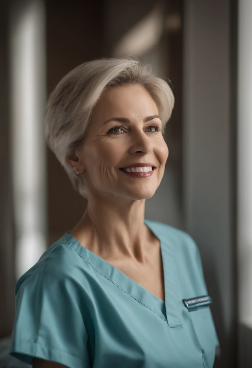 there is a woman with short blond hair combed to the side in hospital scrubs, without lipstick, 50 ans, lying in a hospital bed in a hospital ward, 50 ans, femme de 50 ans, she is about 50 ans, prise au début des années 2021, aged 50, lips smiling, tenant un carnet en main , regardant dans la caméra,Realistic photo
