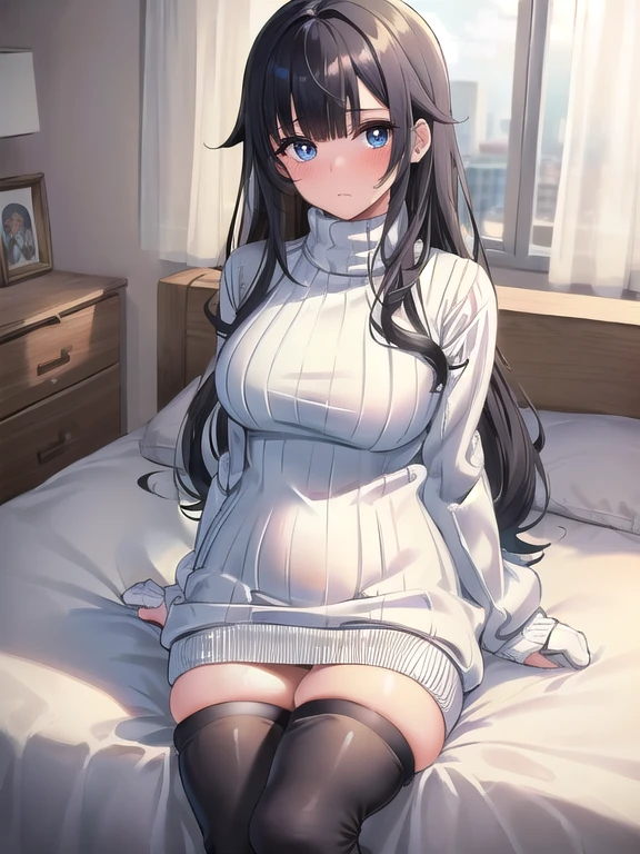 (masterpiece:1.3), (Absurd:1.3), (highest quality:1.3), The Hands of Guido Daniele, (Very detailed:1.3), (Best Shadow:0.7), (Processed Hair), One girl, alone, S1, aizawa ema, , (medium Breasts:1.0), (pregnant:0.8), (thick thighs:0.3), (black hair:1.4), Asymmetrical bangs, Blunt bangs, blue eyes, (white sweater:1.4), woollen sweater, aran sweater, (long sweater dress:1.4), ribbed sweater, (nipple shape:1.0), (black thighhighsocks:1.4), simple thighhighsocks, cute face, panic face, (embarrassed:1.0), in the bed room, on the bed, co-sleeping,