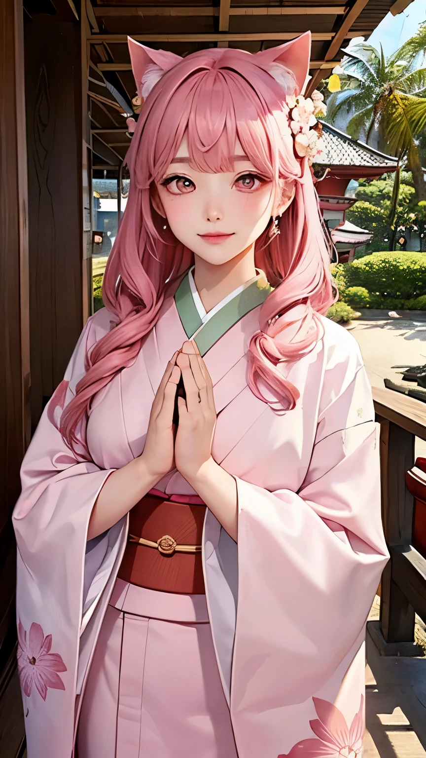 ((highest quality)), ((masterpiece)), (detailed), Perfect Face, Perfect cheeks, (Floral kimono:1.2), palms together, prayer, pink color, (face forward, Shrine precincts:1.2), (alone), 8k, hair color pink, Cat ear, (have confidence:1.2), pink eyes, whole body, Sparkling Eyes,