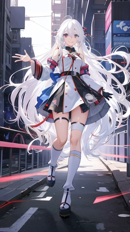 anime girl, (Big smile), (whole body), (Long white hair), (Hair in one eye:1.2),Enchanting anime girl, Best anime 4K, wallpapers, Attractive anime girl, 4k anime wallpaper, 4K Manga Wallpaper, Detailed digital anime art, Anime Best Girls, Beautiful Anime Girls, cyber punk, Detailed anime artwork, Beautiful and attractive anime women