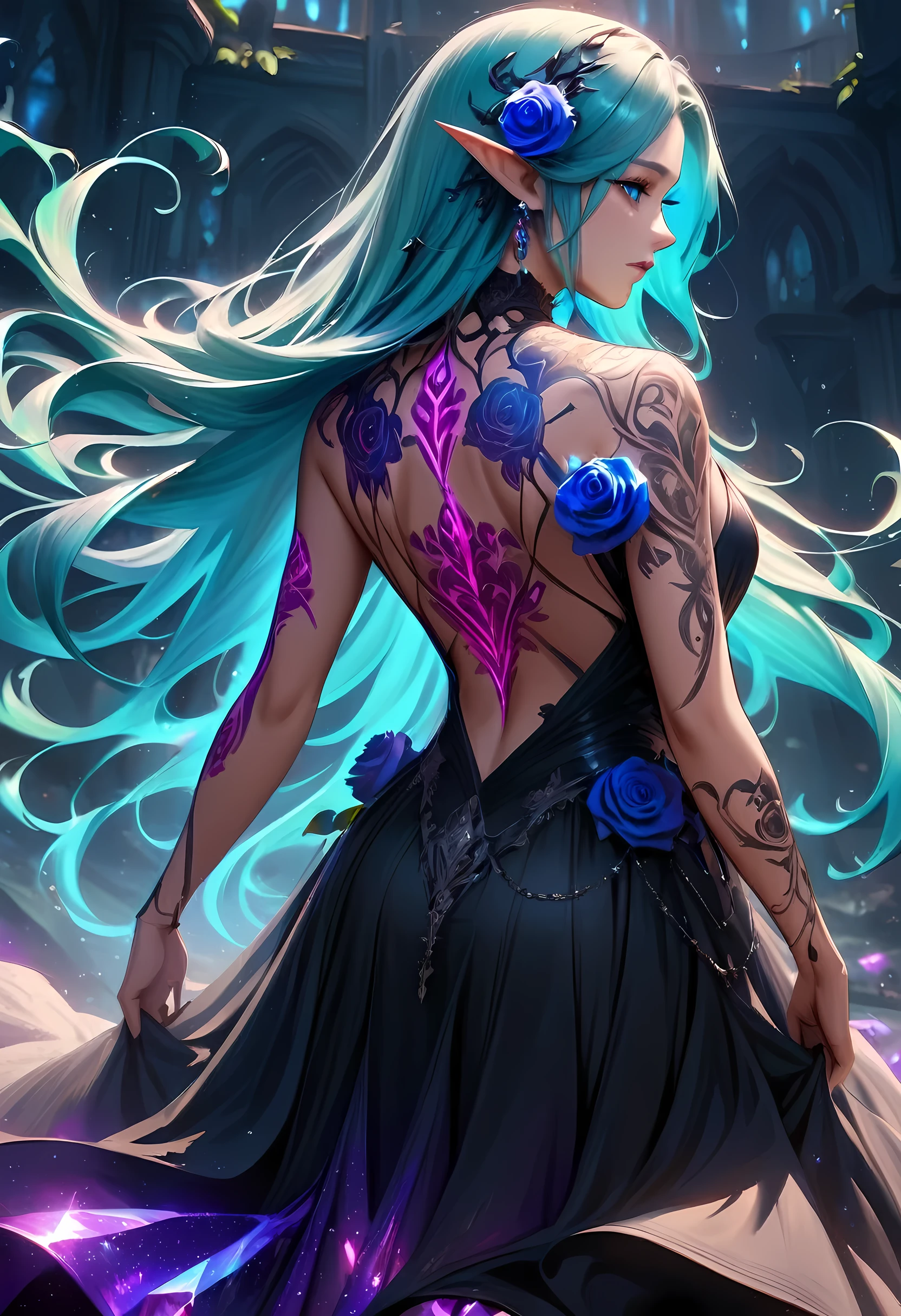 Arafed, Dark fantasy art, fantasy art, goth art, a picture of a tattoo on the back of a female elf,  of  glowing tattoo of a ((blue rose: 1.3)) the rose tattoo is vivid, intricate detailed coming to life rose from the ink to real life, AlchemyPunkAI, shoot taken from the back, ((the back is visible: 1.3), she wears a transparent  black dress, the dress is elegant, flowing, elven style, that the tattoos glow, dynamic hair color, dynamic hair style, crystalline dress