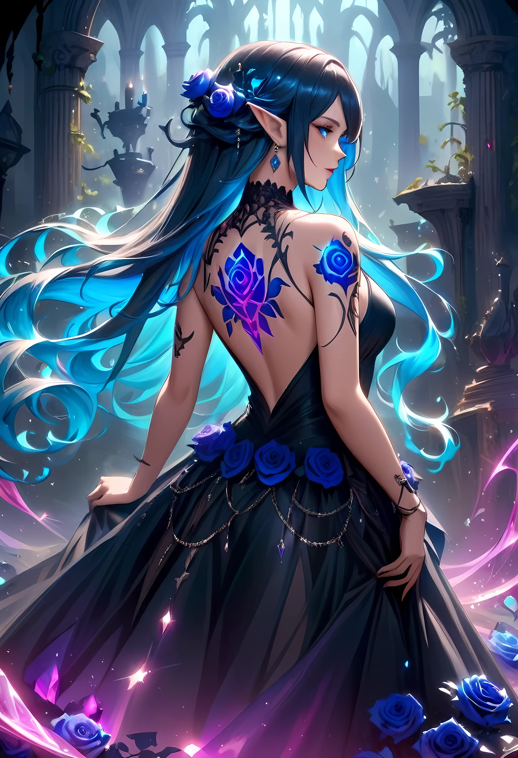 Arafed, Dark fantasy art, fantasy art, goth art, a picture of a tattoo on the back of a female elf, of glowing tattoo of a ((blue rose: 1.3)) the rose tattoo is vivid, intricate detailed coming to life rose from the ink to real life, AlchemyPunkAI, shoot taken from the back, ((the back is visible: 1.3), she wears a transparent black dress, the dress is elegant, flowing, elven style, that the tattoos glow, dynamic hair color, dynamic hair style, crystalline dress