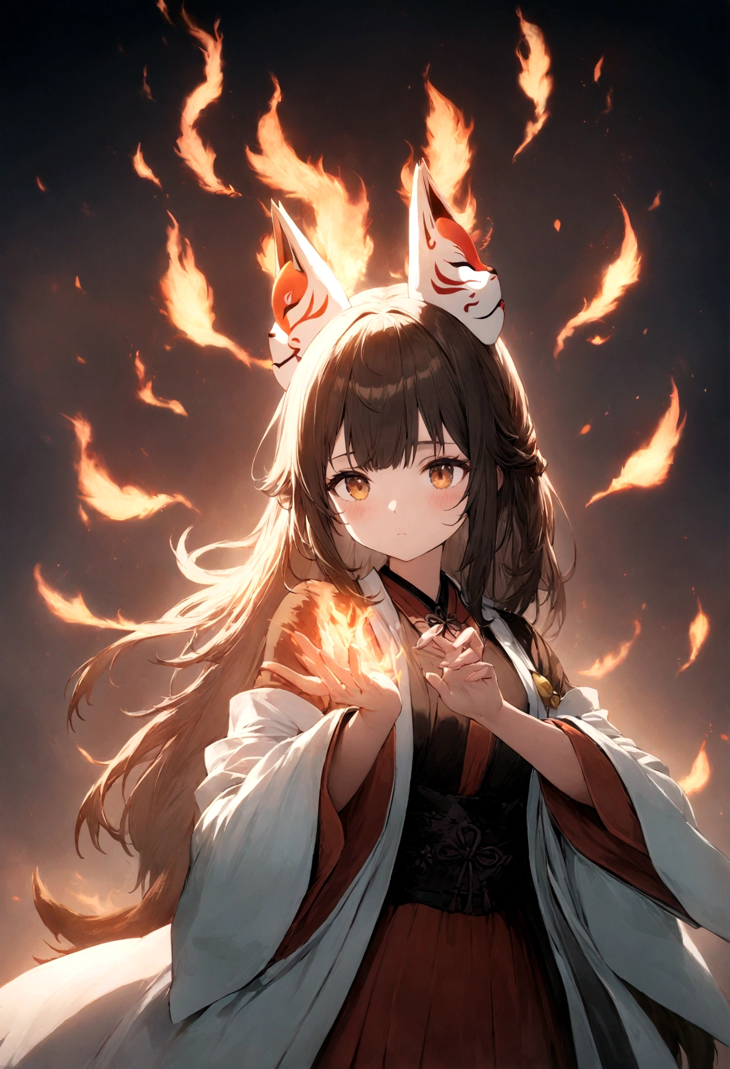 1 Girl,One,, official art, unity 8k wallpaper, ultra detailed, Beautiful and aesthetic, Beautiful, masterpiece, Best quality,, Kitsune witch, Fox Mask, haori jacket, Foxfire Spell, Fox familiar, transformation,