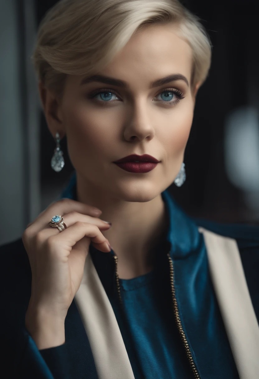jewelry, blonde hair, earrings, necklace, realistic, short hair, ring, makeup, lipstick, blue eyes, nail polish, jacket, pixie haircut