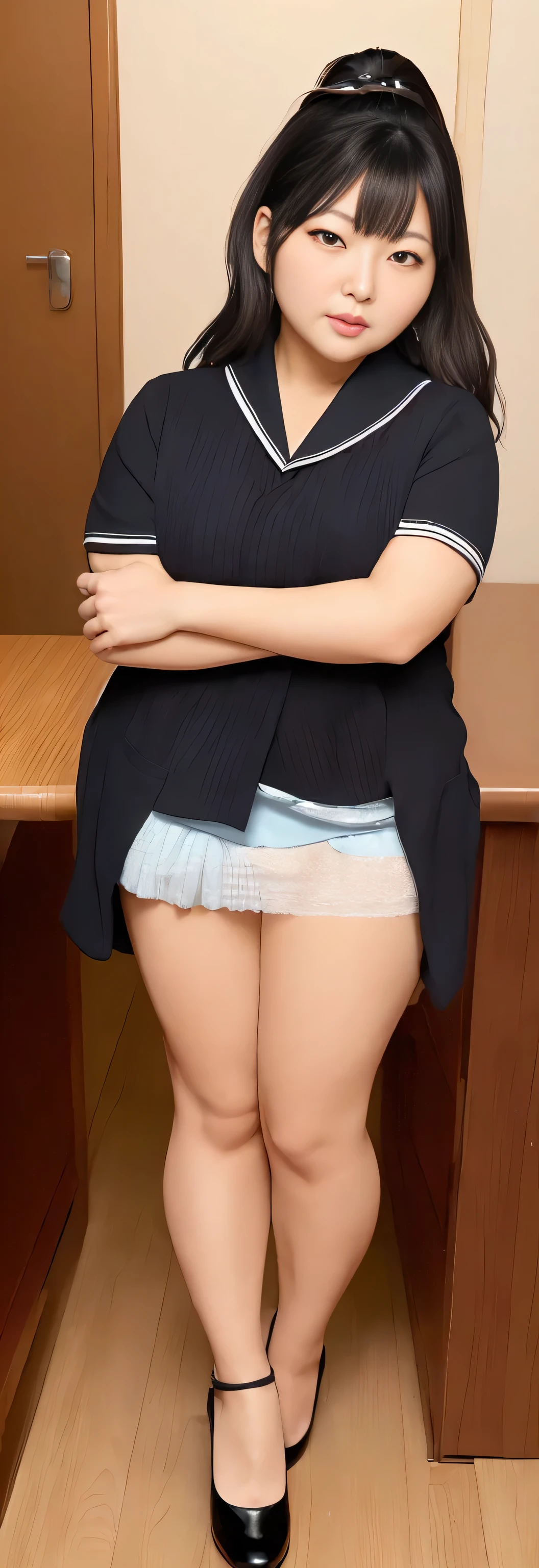 Japanese ID, Mature Woman, ((A little chubby, Round face, Around 40 years old)), ((A little chubby body type)), Glasses, Wavy black hair with no bangs, Long Hair:1.65, Big ponytail:1.79, Flashy makeup, Fuller lips, Sexy Gaze, uniform, , looking at the camera, High angle shooting, Cute duck lips,((Very accurate and correct anatomy)), (masterpiece:1.3), Perfect balance, Realistic photos, Full Shot, whole body, ((height: 148cm)), High heels, loafers, (2 Foot, Two Arms), ((Panty shot))