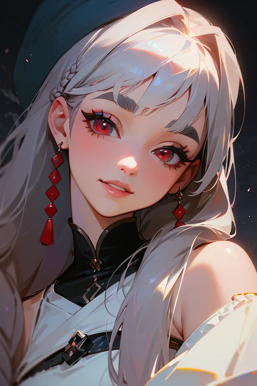 (highest quality, masterpiece:1.2), High resolution, 最高masterpiece、Very detailed, Realistic:1.37, Fantasy, An illustration,Gray Hair、 Red eyes、Queen, White Dress、beautifully、Eyeshadow Red、Thick eyebrows、Long eyelashes、pupils are black、shiny on the lips、Top Sites、Queen、Princess、A kind smile、Show your teeth a little and smile、Soft impression、people々々々Loved by、Slimming the face、Shoulder Bare、Sexy braids、Kissing Face、Long white hair、Shaggy Bangs、Watch the night sky、The image of the face remains the same、