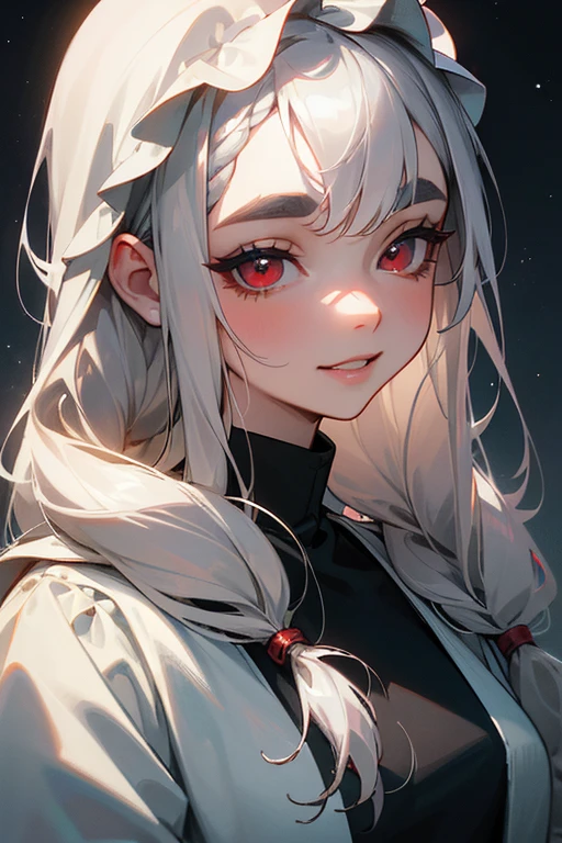 (highest quality, masterpiece:1.2), High resolution, 最高masterpiece、Very detailed, Realistic:1.37, Fantasy, An illustration,Gray Hair、 Red eyes、Queen, White Dress、beautifully、Eyeshadow Red、Thick eyebrows、Long eyelashes、pupils are black、shiny on the lips、Top Sites、Queen、Princess、A kind smile、Show your teeth a little and smile、Soft impression、people々々々Loved by、Slimming the face、Shoulder Bare、Sexy braids、Kissing Face、Long white hair、Shaggy Bangs、Watch the night sky、The image of the face remains the same、