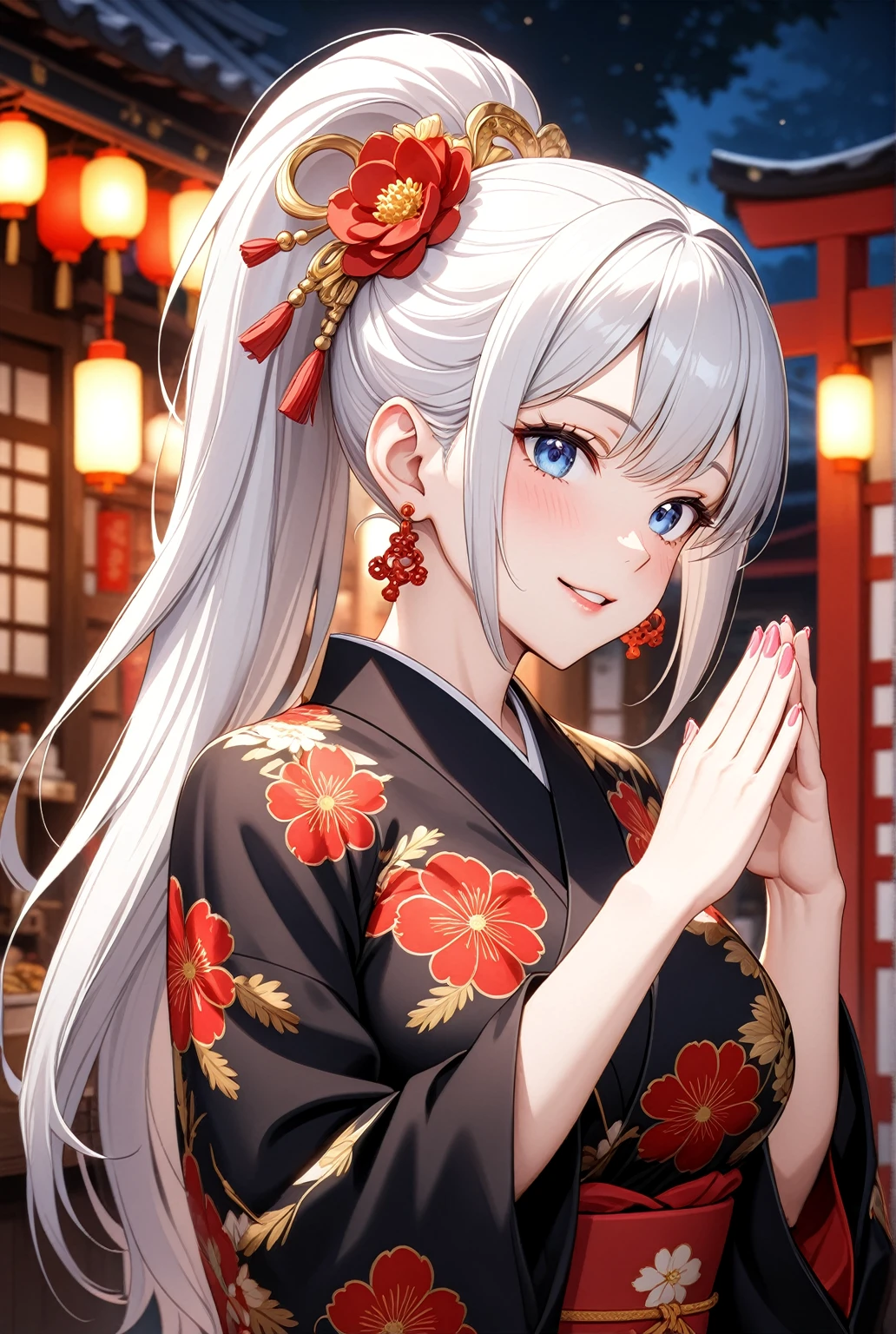 ((one personの女性)), Beautiful Face,Laugh shyly,((Wink:1.1)),Laughing with your mouth open,turn bright red,Glossy pink lips,night,Shrine festival stalls,((Anime style background)),masterpiece, highest quality, so beautiful, up to date, Complex details, (Pink long nails),AI-generated, Complex,High resolution, highest quality, super high quality,3D Images、View your audience、3D Images,one person,Long white hair,High Ponytail,blue eyes,Anime woman posing for a photo, [[Fine grain、Colorful eyes、Shining Eyes:1.15]],(Squint your eyes:1.1),a hyperRealistic , hyperRealistic , Realistic,Long haired white haired anime woman, Smooth anime CG art, A woman in a colorful kimono with gold embroidery, (Black kimono),Red floral pattern,Long flower hair ornament,Big earrings,(Big Breasts:1.1),Mature Body,tall,Big Ass,Fine details,Tight waist,Abdominal muscles,(Face close-up:1.5),Tilt your face,Shooting from an angle,Praying with hands together,