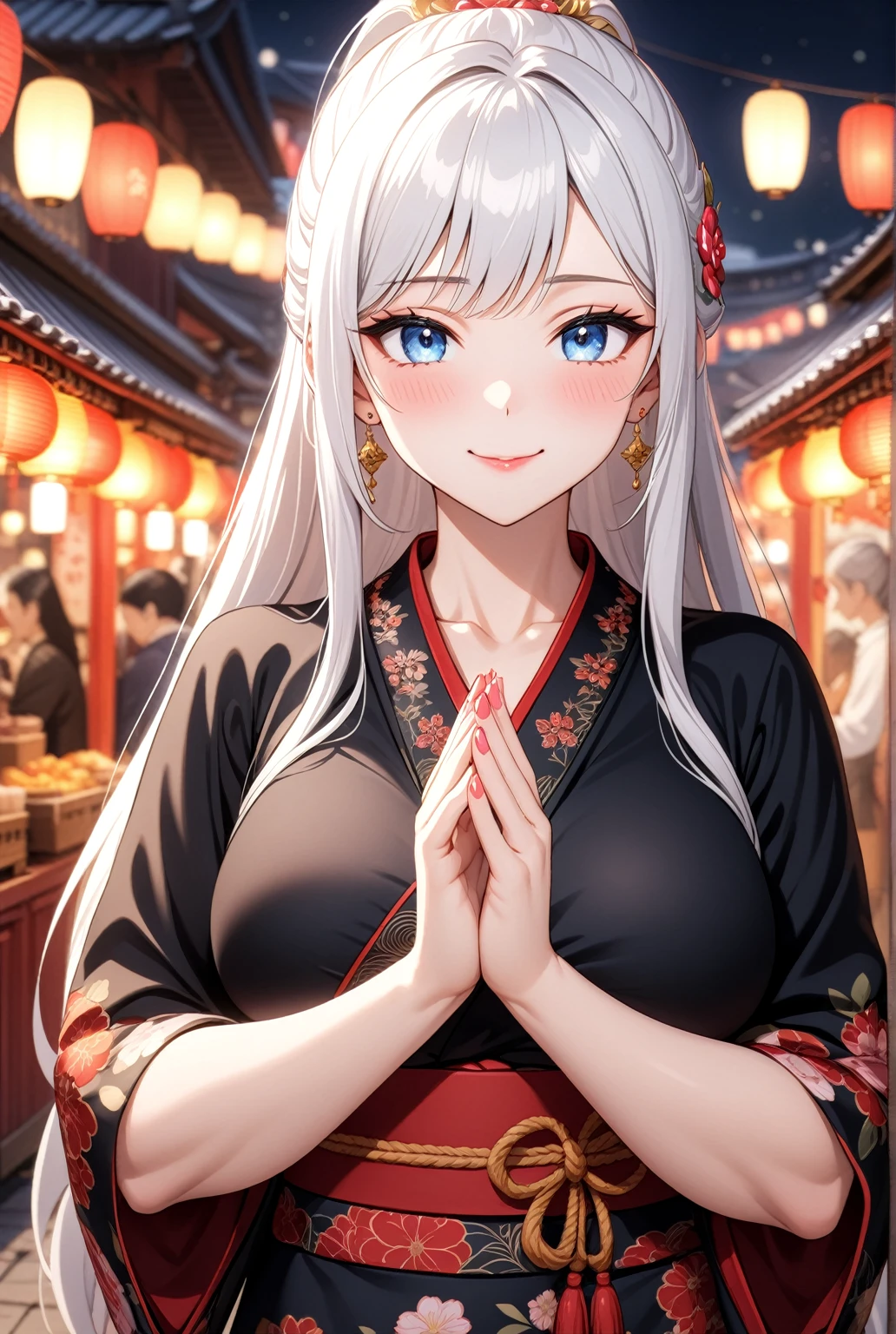 ((one personの女性)), Beautiful Face,Laugh shyly,((Wink:1.1)),Laughing with your mouth open,turn bright red,Glossy pink lips,night,Shrine festival stalls,((Anime style background)),masterpiece, highest quality, so beautiful, up to date, Complex details, (Pink long nails),AI-generated, Complex,High resolution, highest quality, super high quality,3D Images、View your audience、3D Images,one person,Long white hair,High Ponytail,blue eyes,Anime woman posing for a photo, [[Fine grain、Colorful eyes、Shining Eyes:1.15]],(Squint your eyes:1.1),a hyperRealistic , hyperRealistic , Realistic,Long haired white haired anime woman, Smooth anime CG art, A woman in a colorful kimono with gold embroidery, (Black kimono),Red floral pattern,Long flower hair ornament,Big earrings,(Big Breasts:1.1),Mature Body,tall,Big Ass,Fine details,Tight waist,Abdominal muscles,(Face close-up:1.5),Tilt your face,Shooting from an angle,Praying with hands together,