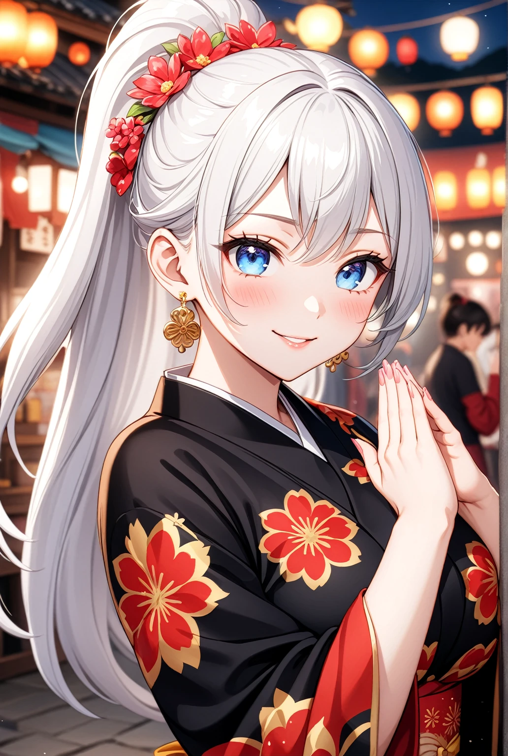 ((one personの女性)), Beautiful Face,Laugh shyly,((Wink:1.1)),Laughing with your mouth open,turn bright red,Glossy pink lips,night,Shrine festival stalls,((Anime style background)),masterpiece, highest quality, so beautiful, up to date, Complex details, (Pink long nails),AI-generated, Complex,High resolution, highest quality, super high quality,3D Images、View your audience、3D Images,one person,Long white hair,High Ponytail,blue eyes,Anime woman posing for a photo, [[Fine grain、Colorful eyes、Shining Eyes:1.15]],(Squint your eyes:1.1),a hyperRealistic , hyperRealistic , Realistic,Long haired white haired anime woman, Smooth anime CG art, A woman in a colorful kimono with gold embroidery, (Black kimono),Red floral pattern,Long flower hair ornament,Big earrings,(Big Breasts:1.1),Mature Body,tall,Big Ass,Fine details,Tight waist,Abdominal muscles,(Face close-up:1.5),Tilt your face,Shooting from an angle,Praying with hands together,