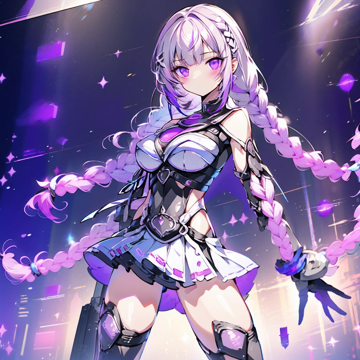 highest quality、Masterpiece、Official Art、Super detailed、super beautiful、16K、Purple light source、Man and woman couple（Boys have gray hair｜Blue Cyberpunk｜The girl is milky whiteｇand purple gradient hair｜Double braid｜Black Cyberpunk｜mini skirt）、Man and woman coupleが背中合わせにたって視聴者をみている、Poster、Fantasy、Disorganized、