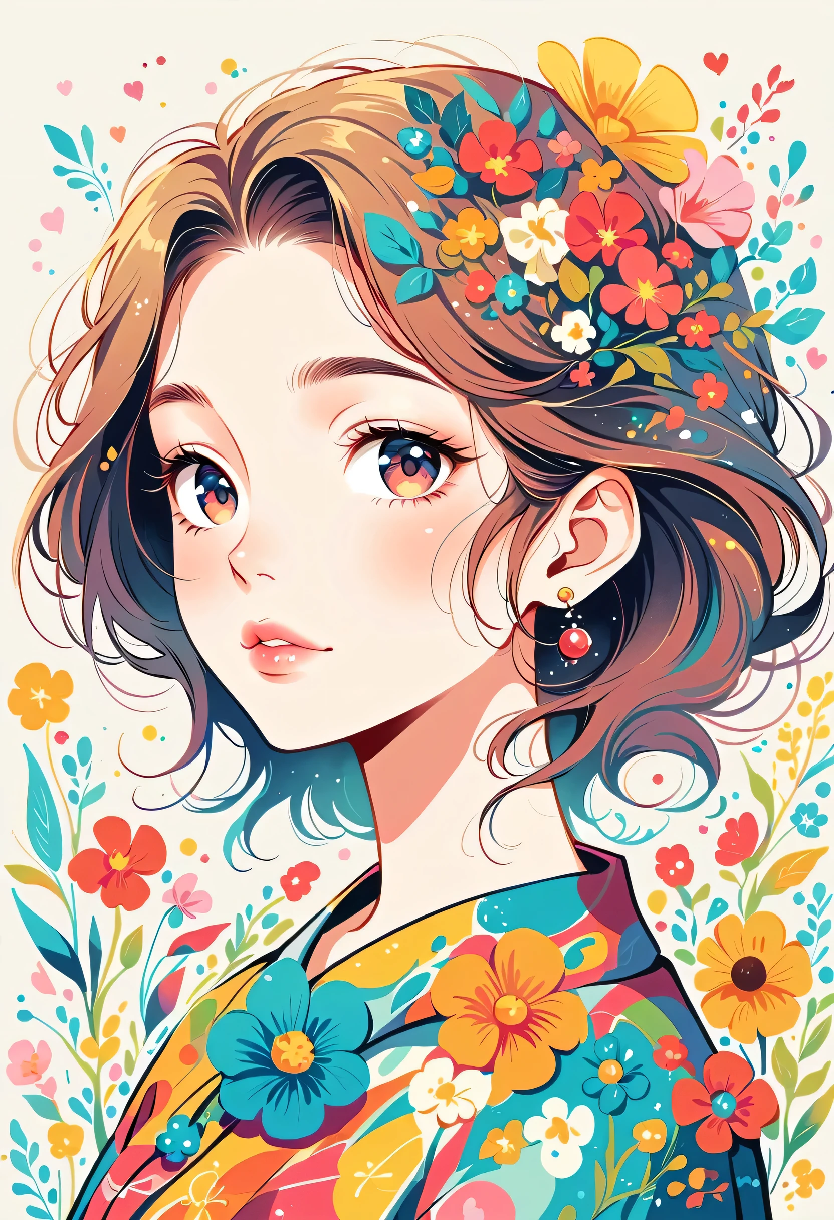 Hayao Miyazaki Style、The most beautiful girl of all time、Lips in Love、Colorful flowers、Simple line initials、Abstract art、Urban Background