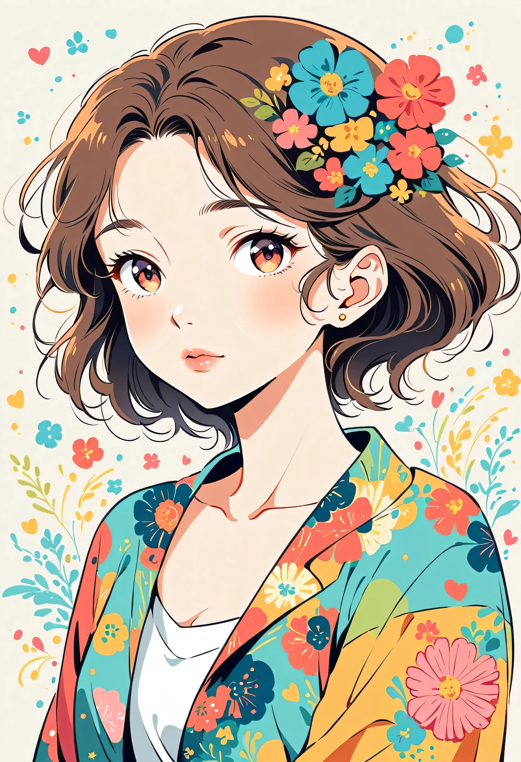 Hayao Miyazaki Style、The most beautiful girl of all time、Lips in Love、Colorful flowers、Simple line initials、Abstract art、Urban Background