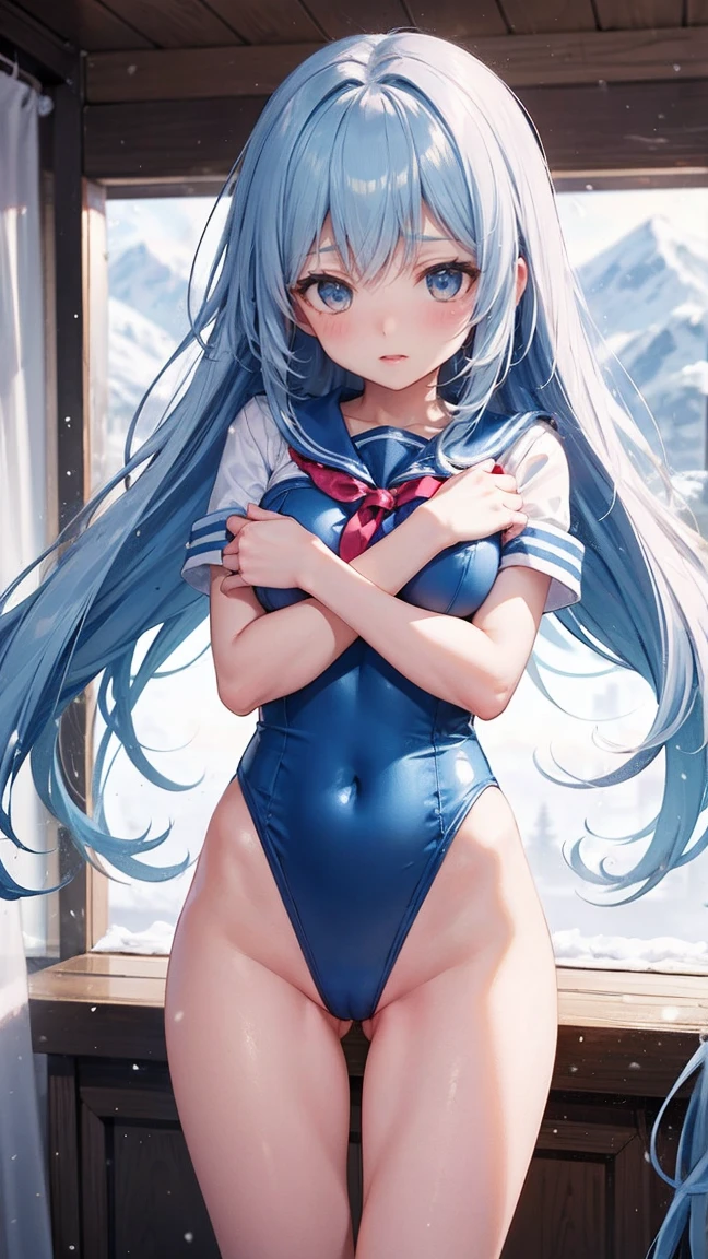 Light blue Long Hair In addition Magical girl Sailor leotard beautiful girl thin Embarrassing blush erotic Sexual action Light blue Long Hair On top of that Magical girl Sailor leotard beautiful girl thin Snow Mountain blush cold trembling Hug the body I was punched in the groin. Exposure to violence