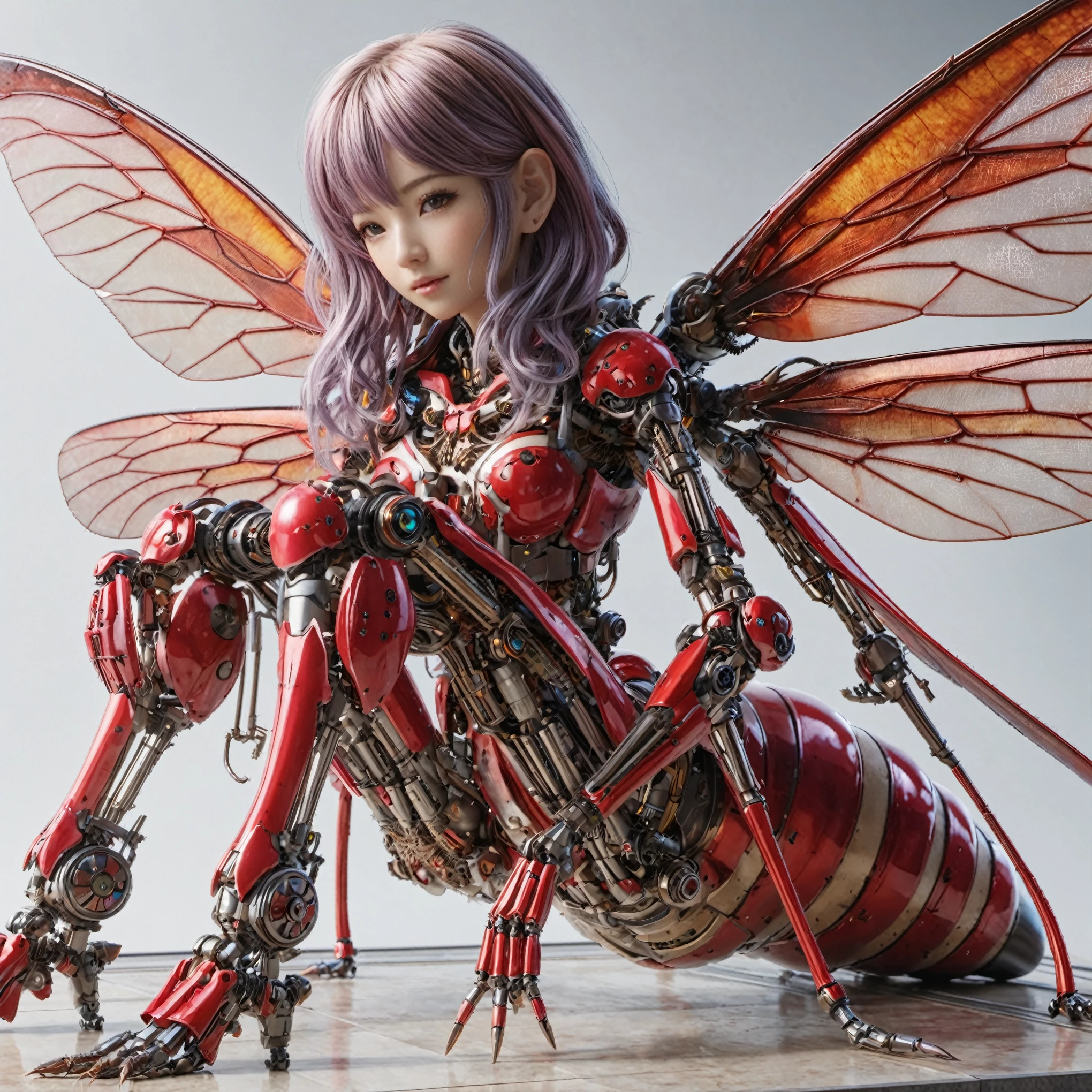 (top-quality:1.2, masterpiece), ultra high res,(Photorealsitic:1.4), (cockroach-like bio insect suit:1.3), heavy weapons,large wings, vivid textures,insect legs, pink hair, glowy skin, japanese girl beautiful face, ((super realistic intricate details)), full body shot, globalillumination, octan render, ultrasharp, character edge light, Details of complex ornaments, Acrylic Clear Cover, Hydraulic cylinder