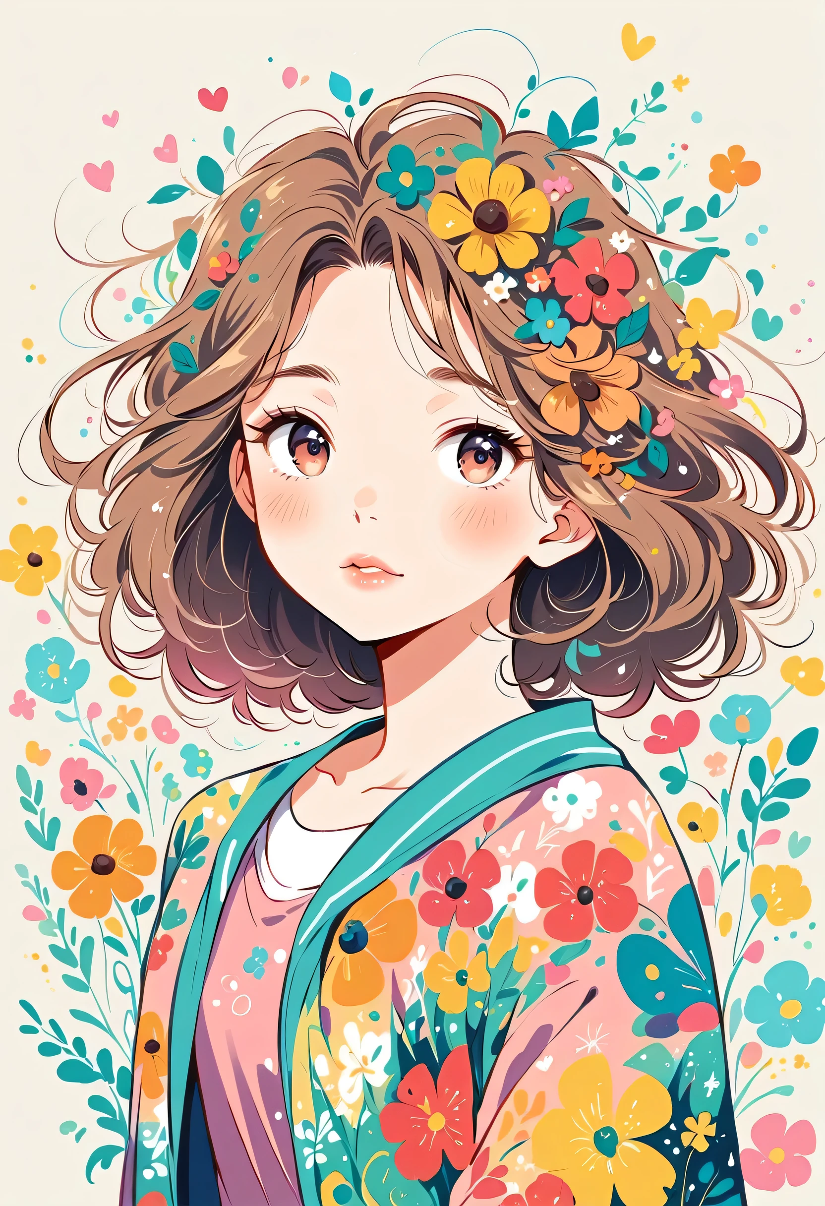 Hayao Miyazaki Style、The most beautiful girl of all time、Lips in Love、Colorful flowers、Simple line initials、Abstract art、Urban Background