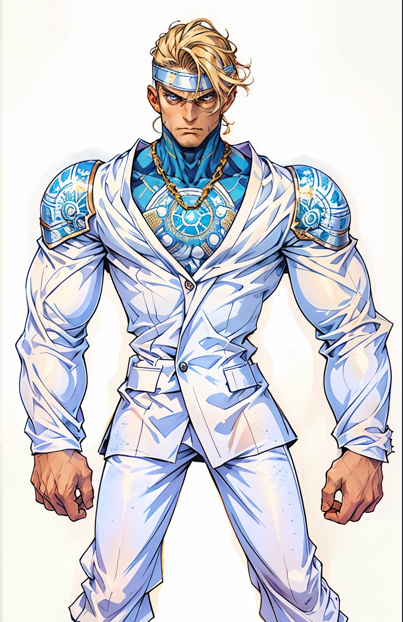 A man with short golden hair, middle-parted bangs, a hexagonal metal forehead protector, round glaring eyes filled with anger, a furious expression, chiseled facial features, a muscular build, an orange fantasy martial arts-style coat with flame-shaped decorations on the collar, a luxurious red and white undershirt, matching trousers, the backdrop of a fantasy-style city street, this character embodies a finely crafted fantasy martial arts-style warrior in anime style, exquisite and mature manga art style, dramatic, high definition, best quality, highres, ultra-detailed, ultra-fine painting, extremely delicate, professional, perfect body proportions, golden ratio, anatomically correct, symmetrical face, extremely detailed eyes and face, high quality eyes, creativity, RAW photo, UHD, 32k, Natural light, cinematic lighting, masterpiece-anatomy-perfect, masterpiece:1.5