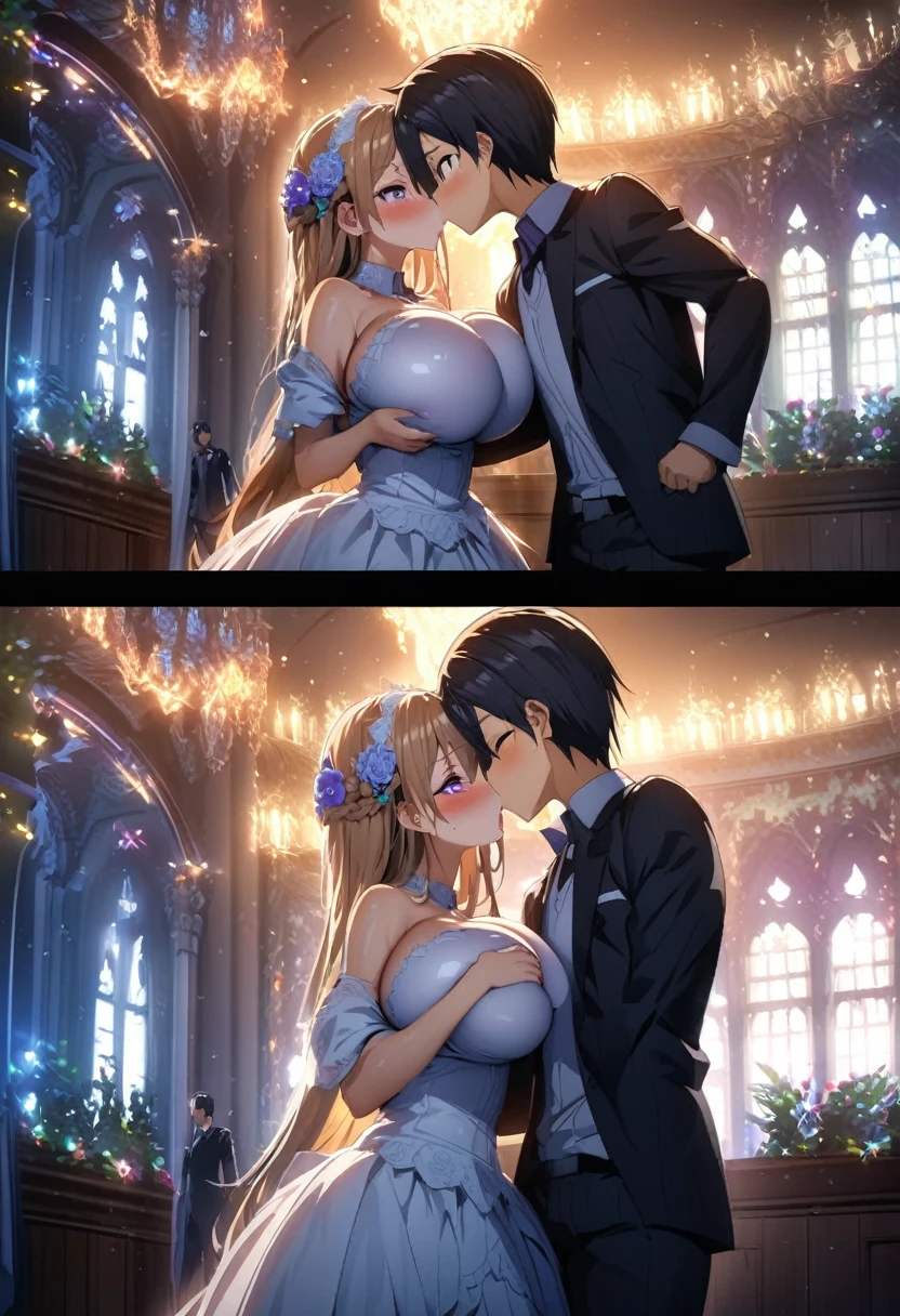 Kirito and Asuna black Wedding dress purple eyes and blushing two people standing in the wedding hall kiss big breasts breast enlargement illustration, ultra-detailed, HDR, vibrant colors, soft lighting