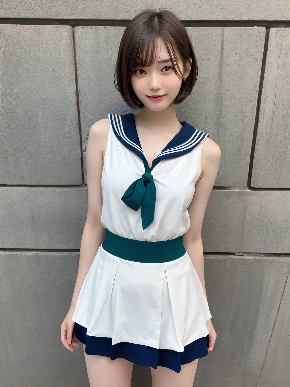 simple background, cowboy shot, symmetrical, uniform spacing, standing straight for camera, ((arms behind back)), one cheerleader girl, (18 years old), ((("CHEER" on chest, pleated mini skirt, socks)))