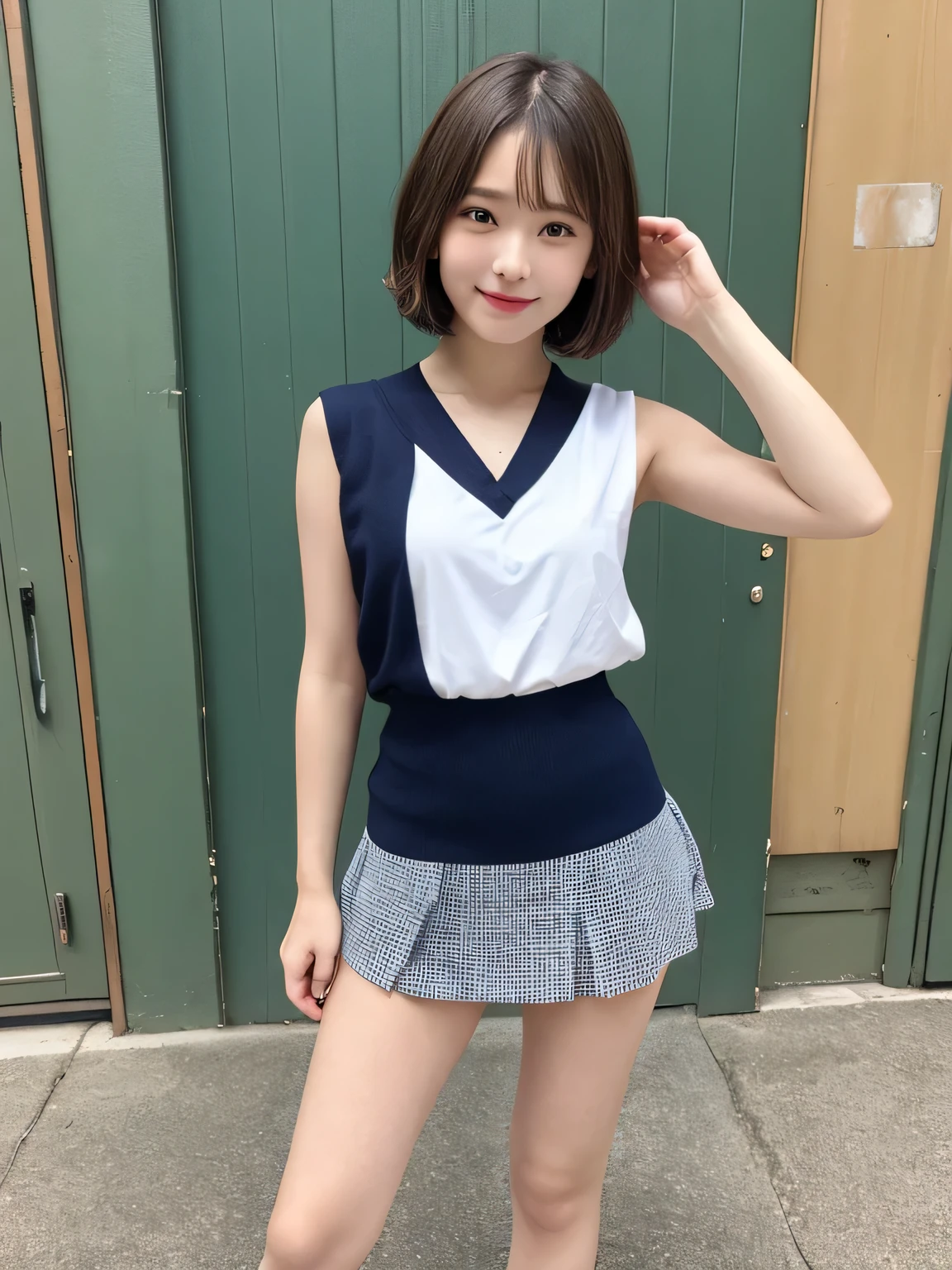In detail,Full body photo、Blonde、 One high school girl、High resolution, high quality、Slim body、Perfect dynamic composition, Beautiful fine details, Short Bob Cut、Natural color lip,Kamimei、13-year-old girl、Clear Skin、Sleeveless orange sailor suit、Green mini skirt、Thighs、Shiny Hair、最high quality, figure, Very detailed, In detail, High resolution, 8k、The correct state of the human body、Sculpture model pose，Blue Wall,View your viewers、Thighs are visible、smile、