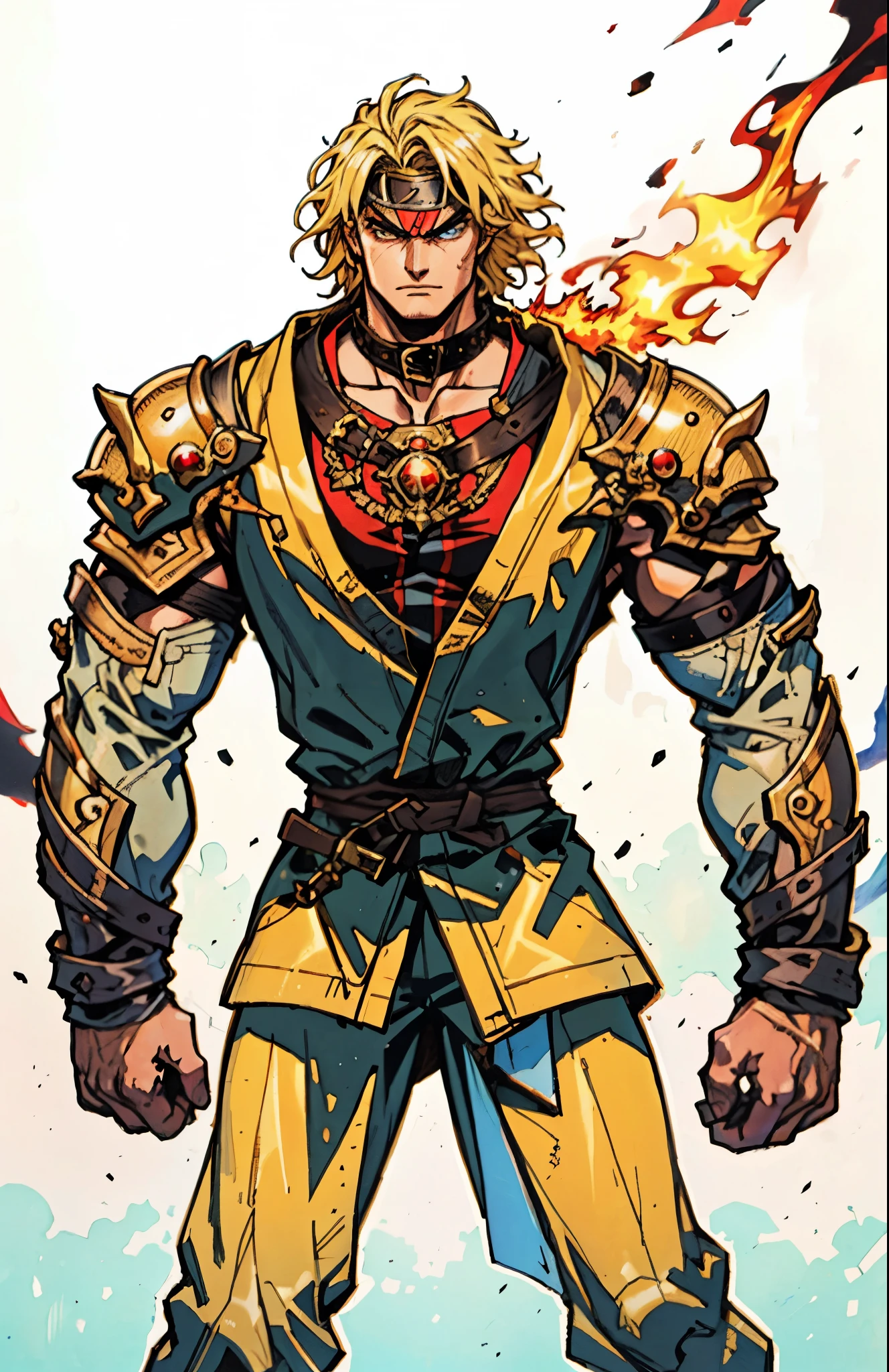 A man with short golden hair, middle-parted bangs, a hexagonal metal forehead protector, round glaring eyes filled with anger, a furious expression, chiseled facial features, a muscular build, an orange fantasy martial arts-style coat with flame-shaped decorations on the collar, a luxurious red and white undershirt, matching trousers, the backdrop of a fantasy-style city street, this character embodies a finely crafted fantasy martial arts-style warrior in anime style, exquisite and mature manga art style, dramatic, high definition, best quality, highres, ultra-detailed, ultra-fine painting, extremely delicate, professional, perfect body proportions, golden ratio, anatomically correct, symmetrical face, extremely detailed eyes and face, high quality eyes, creativity, RAW photo, UHD, 32k, Natural light, cinematic lighting, masterpiece-anatomy-perfect, masterpiece:1.5