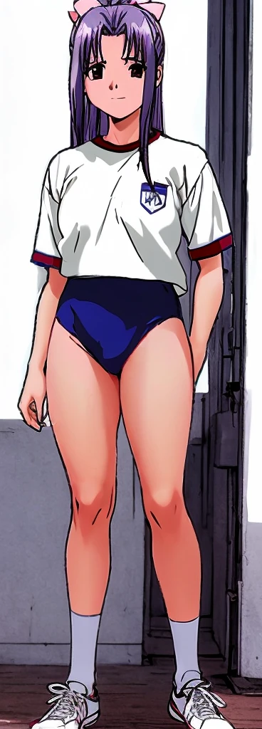 Momoko Koigakubo, a tall girl with beautiful legs, is wearing white gym clothes and light-colored navy blue bloomers that look like panties, and is standing with her legs spread to the sides and a smile on her face.。Angle from the front。