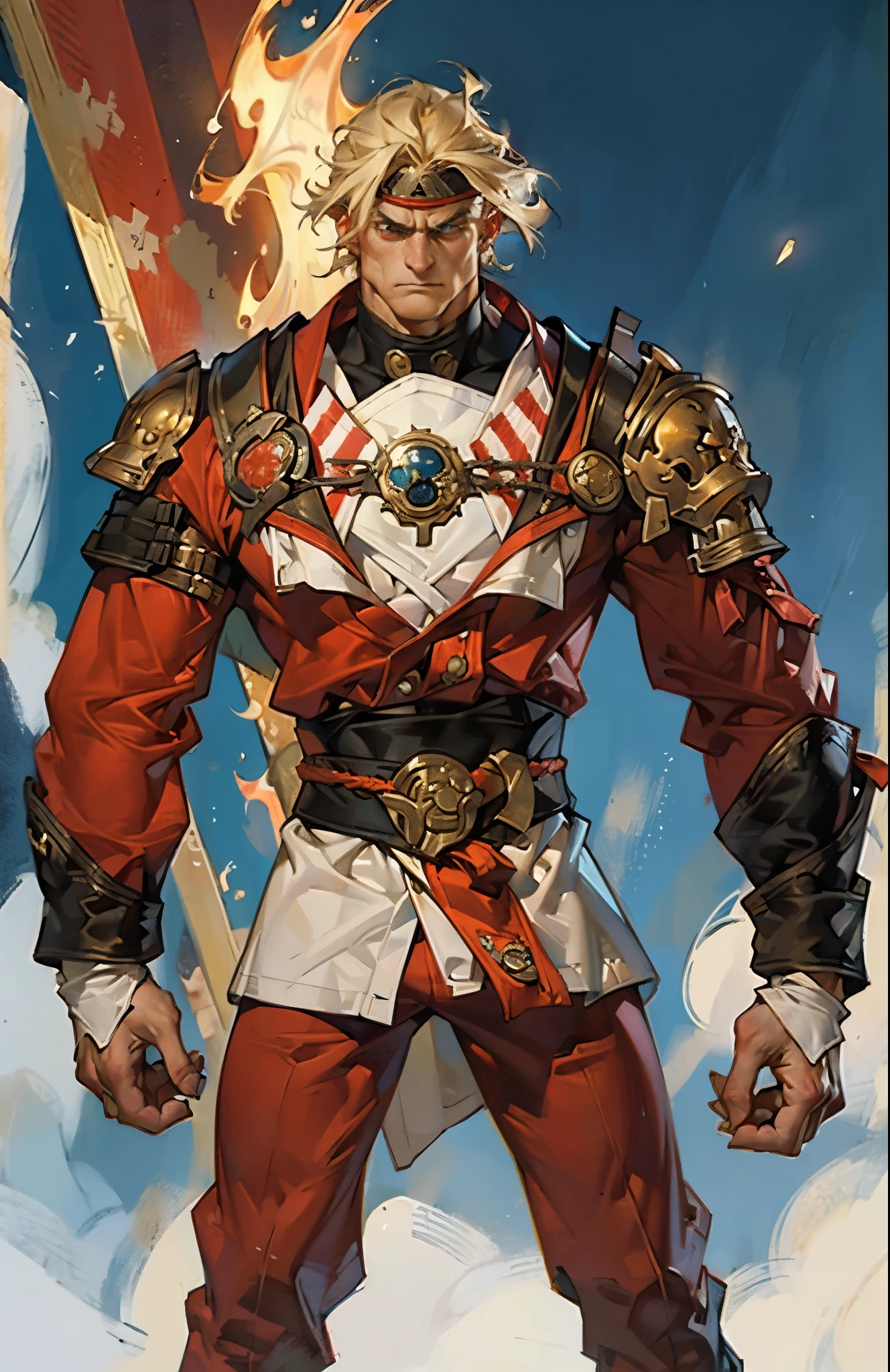 A man with short golden hair, middle-parted bangs, a hexagonal metal forehead protector, round glaring eyes filled with anger, a furious expression, chiseled facial features, a muscular build, an orange fantasy martial arts-style coat with flame-shaped decorations on the collar, a luxurious red and white undershirt, matching trousers, the backdrop of a fantasy-style city street, this character embodies a finely crafted fantasy martial arts-style warrior in anime style, exquisite and mature manga art style, dramatic, high definition, best quality, highres, ultra-detailed, ultra-fine painting, extremely delicate, professional, perfect body proportions, golden ratio, anatomically correct, symmetrical face, extremely detailed eyes and face, high quality eyes, creativity, RAW photo, UHD, 32k, Natural light, cinematic lighting, masterpiece-anatomy-perfect, masterpiece:1.5