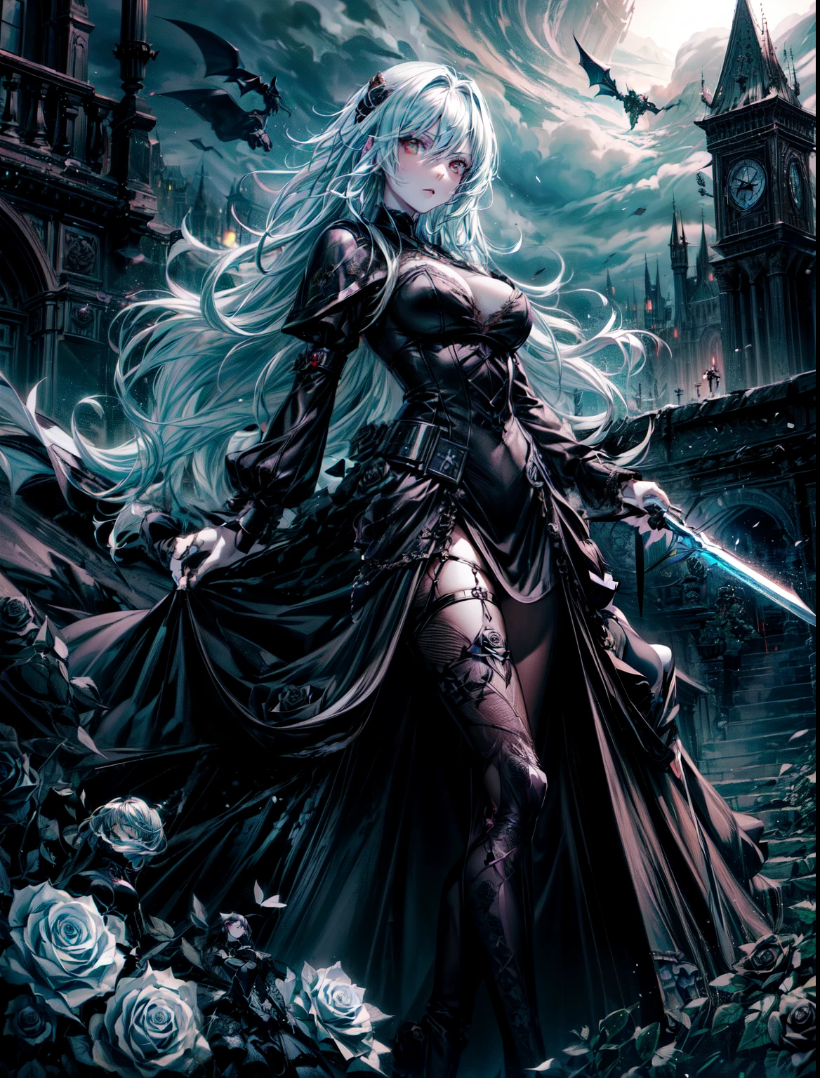 Arafed, action shot, Dark fantasy art, fantasy art, goth art, a picture of a female vampire, exquisite beauty, full body shot, dark glamour shot, pale white skin, red hair, long hair, wavy hair, dynamic eyes color eyes, glowing eyes, she wears a ((white: 1.3)) white tight suit, Armored Dress, she holds a sword in hand, (ready for battle: 1.4) , ((black roses: 1.5)) are imprinted on the suit, high heels, dark castle, dark, black and color, Dark Art Painting Style, flower dress, dark novel, flower dress