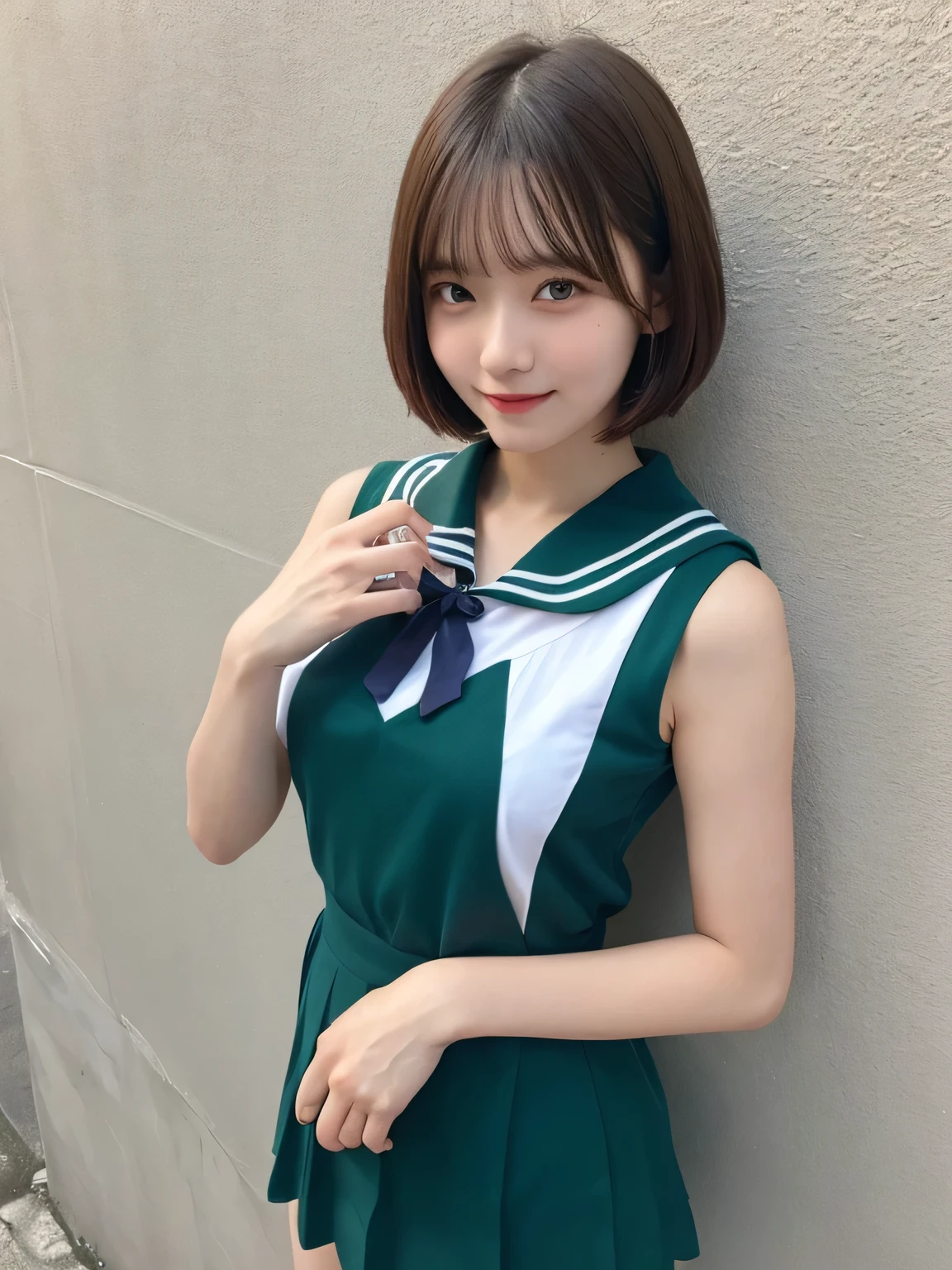 In detail,Full body photo、Blonde、 One high school girl、High resolution, high quality、Slim body、Perfect dynamic composition, Beautiful fine details, Short Bob Cut、Natural color lip,Kamimei、、Clear Skin、Sleeveless orange sailor suit、Green mini skirt、Thighs、Shiny Hair、最high quality, figure, Very detailed, In detail, High resolution, 8k、The correct state of the human body、Sculpture model pose，Blue Wall,View your viewers、Thighs are visible、smile、