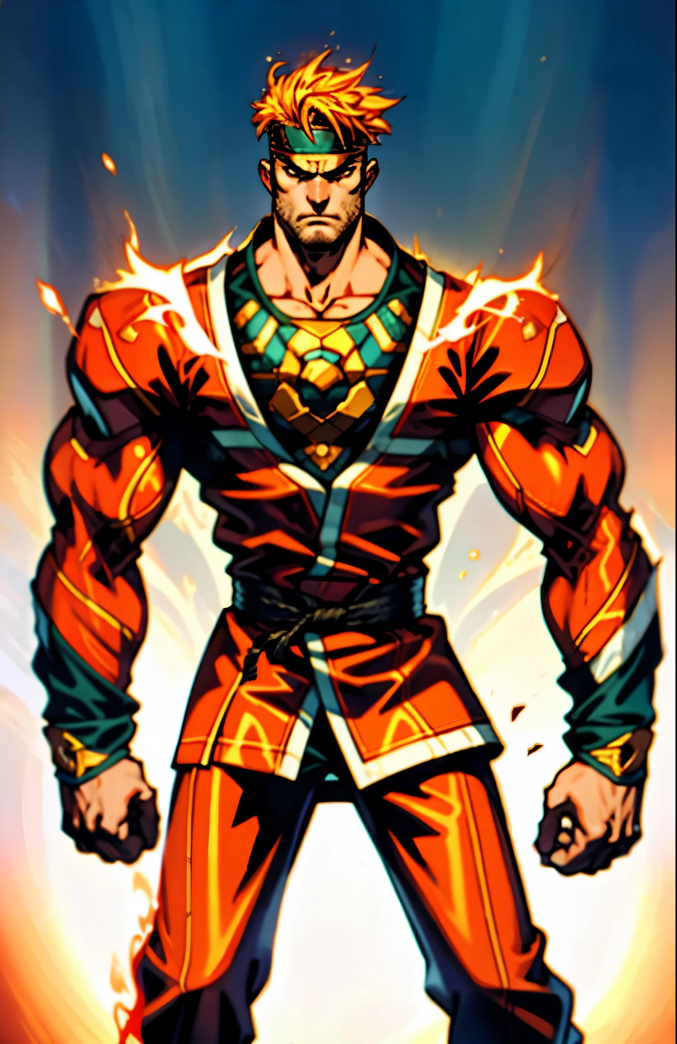 A man with short golden hair, middle-parted bangs, a hexagonal metal forehead protector, round glaring eyes filled with anger, a furious expression, chiseled facial features, a muscular build, an orange fantasy martial arts-style coat with flame-shaped decorations on the collar, a luxurious red and white undershirt, matching trousers, the backdrop of a fantasy-style city street, this character embodies a finely crafted fantasy martial arts-style warrior in anime style, exquisite and mature manga art style, dramatic, high definition, best quality, highres, ultra-detailed, ultra-fine painting, extremely delicate, professional, perfect body proportions, golden ratio, anatomically correct, symmetrical face, extremely detailed eyes and face, high quality eyes, creativity, RAW photo, UHD, 32k, Natural light, cinematic lighting, masterpiece-anatomy-perfect, masterpiece:1.5