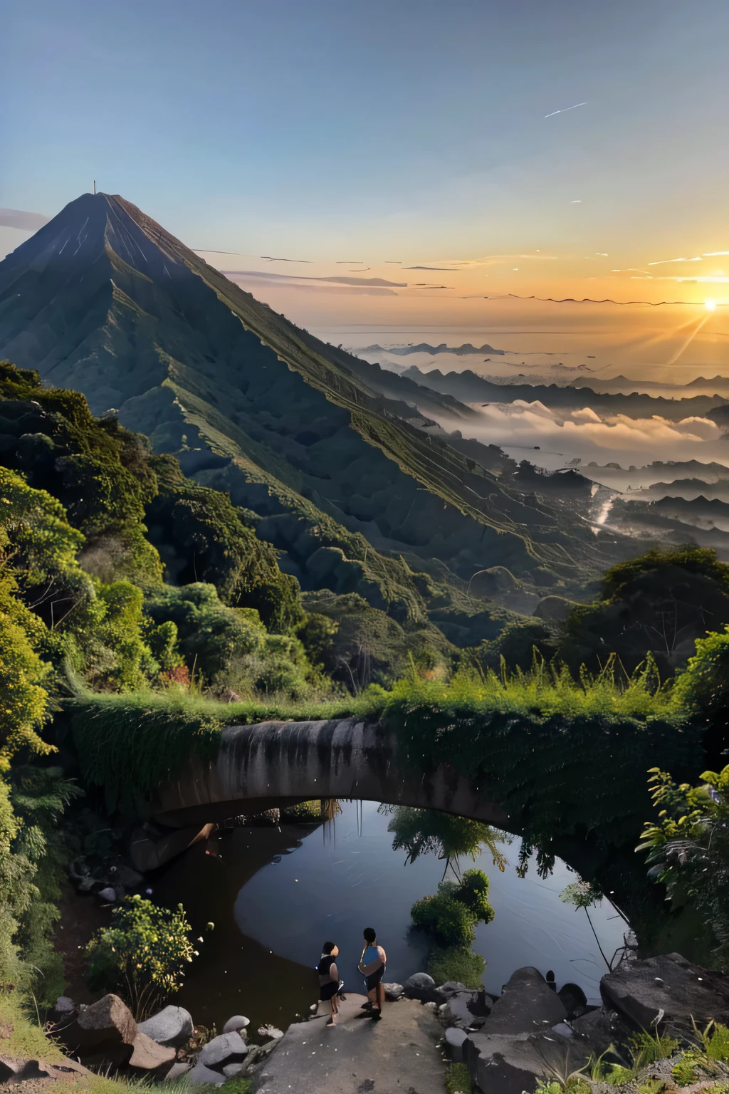 Persawahan Terasering berlatarkan gunung Ciremai di belakang nya , suasana di pagi hari yang indah
