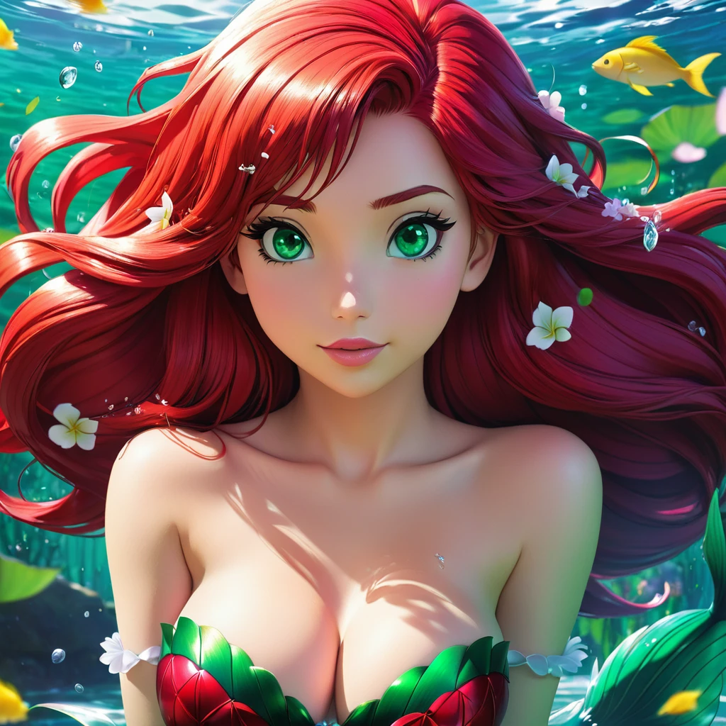 topless Ariel, the Little Mermaid with red hair and green eyes posing for a picture, haruno sakura, best anime 4k konachan wallpaper, seductive anime girl, marin kitagawa fanart, sakura petals around her, splash art anime , anime style 4 k, anime moe artstyle, high quality anime artstyle, detailed anime artwork, anime wallaper, anime topless girl