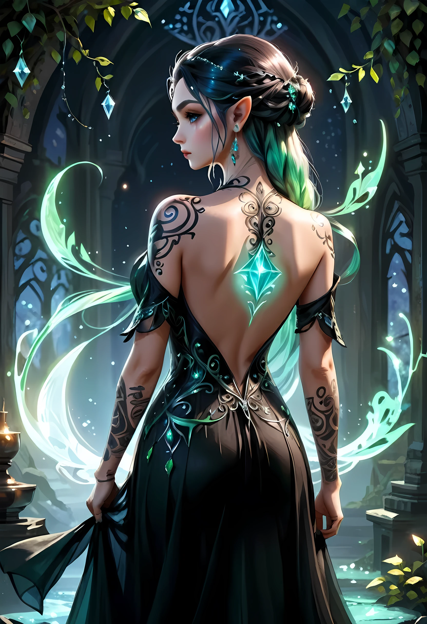 modisn disney, Arafed, Dark fantasy art, fantasy art, goth art, a picture of a tattoo on the back of a female elf, of  ((glowing: 1.3)) elven magical runes, intricate detailed coming to life,  AlchemyPunkAI, shoot taken from the back, ((the back is visible: 1.3), she wears a transparent black dress, the dress is elegant, flowing, elven style, that the tattoos glow, dynamic hair color, dynamic hair style, crystalline dress