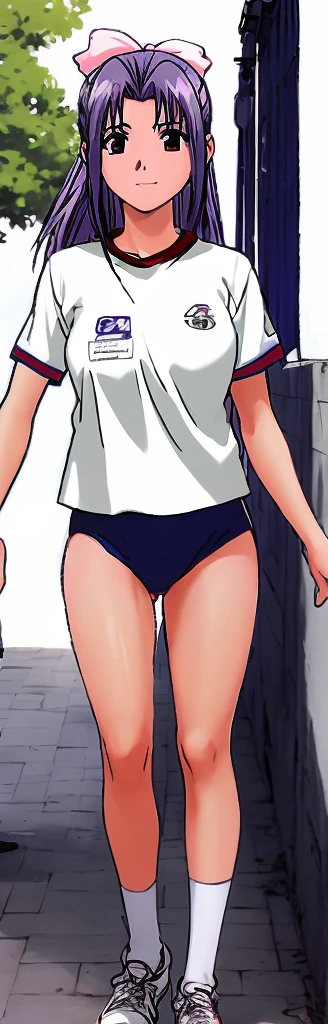 Momoko Koigakubo, a tall girl with beautiful legs, is walking with a smile in a white gym uniform and a light-colored navy blue bloomer that looks like panties.。