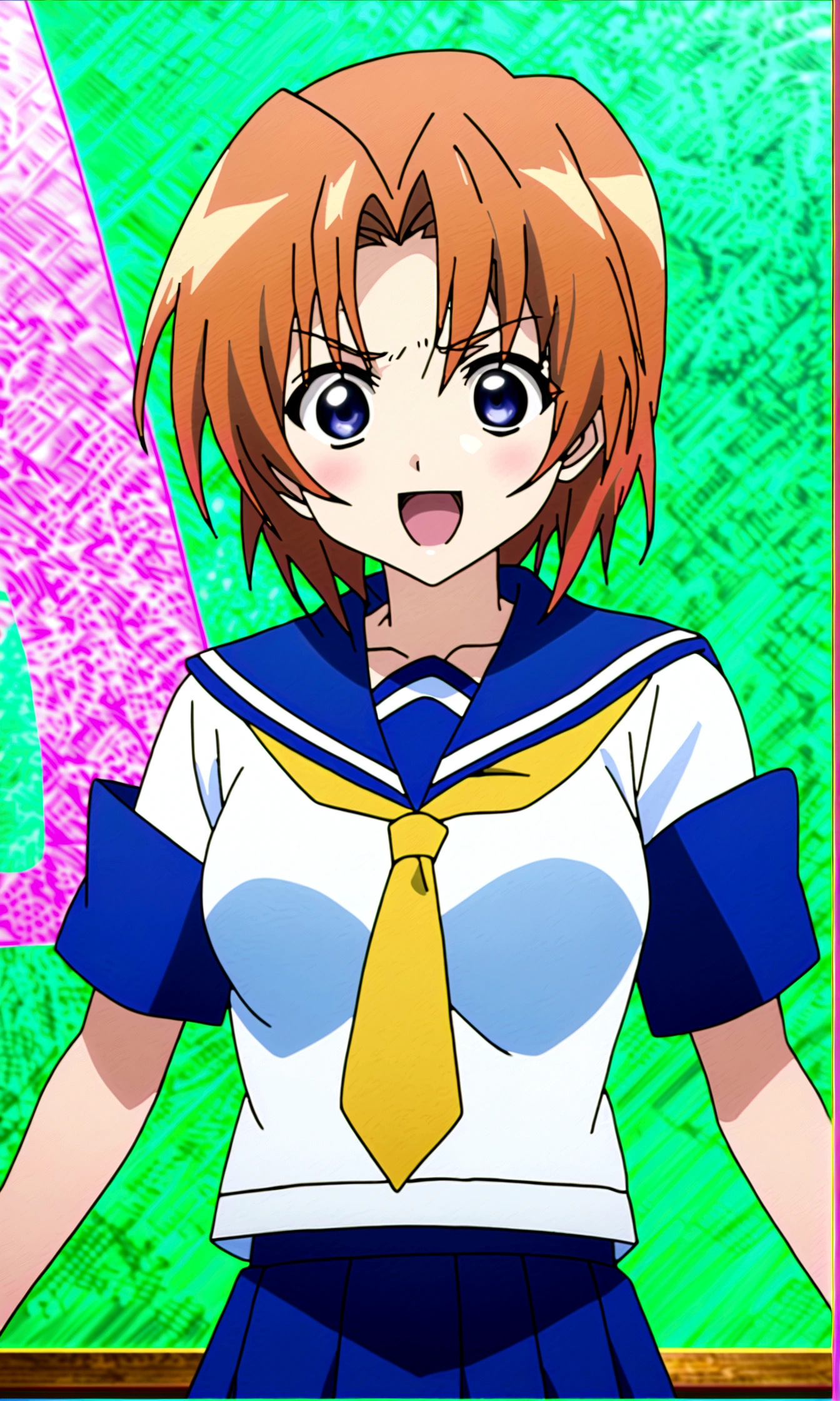Ugly score_9, score_8_up, score_7_up, score_6_up, source_anime, anime screencap, anime coloring, 1girl, ryuuguu rena, solo, age, kawaii, breasts, medium breasts, blue eyes, blush, open mouth, orange hair, short hair, big breasts, simple background, white background, blue , serafuku, skirt, smile, pleated skirt, blue skirt, necktie, yellow necktie