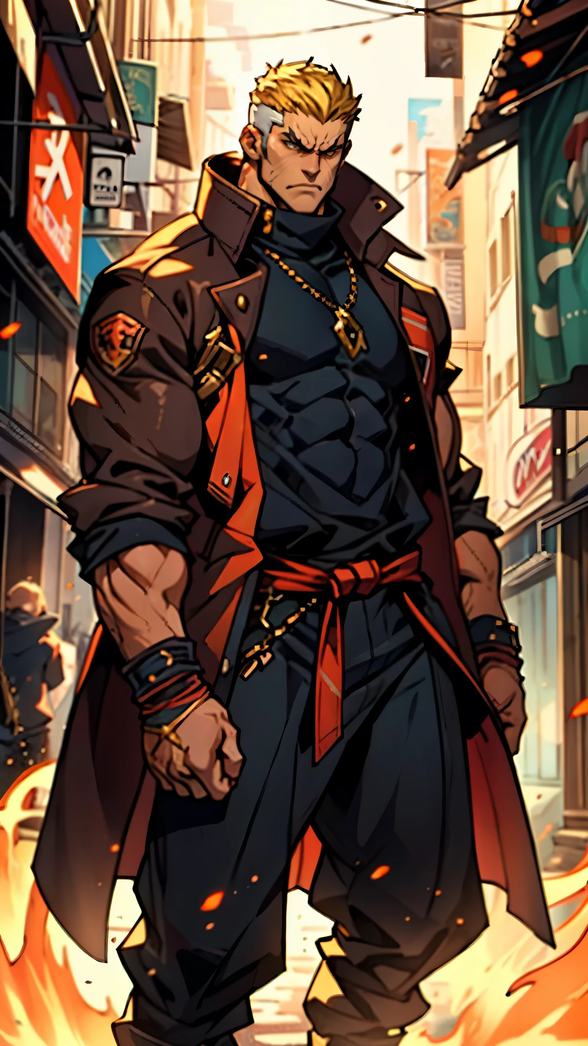 A man with short golden hair, middle-parted bangs, a hexagonal metal forehead protector, round glaring eyes filled with anger, a furious expression, chiseled facial features, a muscular build, an orange fantasy martial arts-style coat with flame-shaped decorations on the collar, a luxurious red and white undershirt, matching trousers, the backdrop of a fantasy-style city street, this character embodies a finely crafted fantasy martial arts-style warrior in anime style, exquisite and mature manga art style, dramatic, high definition, best quality, highres, ultra-detailed, ultra-fine painting, extremely delicate, professional, perfect body proportions, golden ratio, anatomically correct, symmetrical face, extremely detailed eyes and face, high quality eyes, creativity, RAW photo, UHD, 32k, Natural light, cinematic lighting, masterpiece-anatomy-perfect, masterpiece:1.5