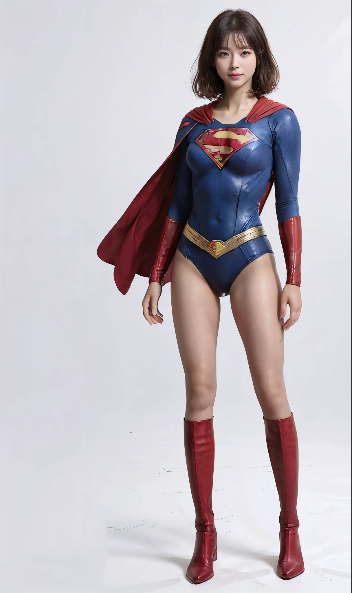 No background、(((Beautiful legs in black tights.)))、(((Legally express the beauty of your smile)))、((((Make the most of your original images)))、(((Supergirl Costume)))、(((Beautiful short bob hair)))、(((suffering)))、(((Please wear black tights....、Wear red boots)))、((Best image quality、8k))、((highest quality、8k、masterpiece:1.3))、(((Preserve background )))、Sharp focus:1.2、Beautiful woman with perfect figure:1.4、Slim Abs:1.2、Wet body:1.5、Highly detailed face and skin texture、8k