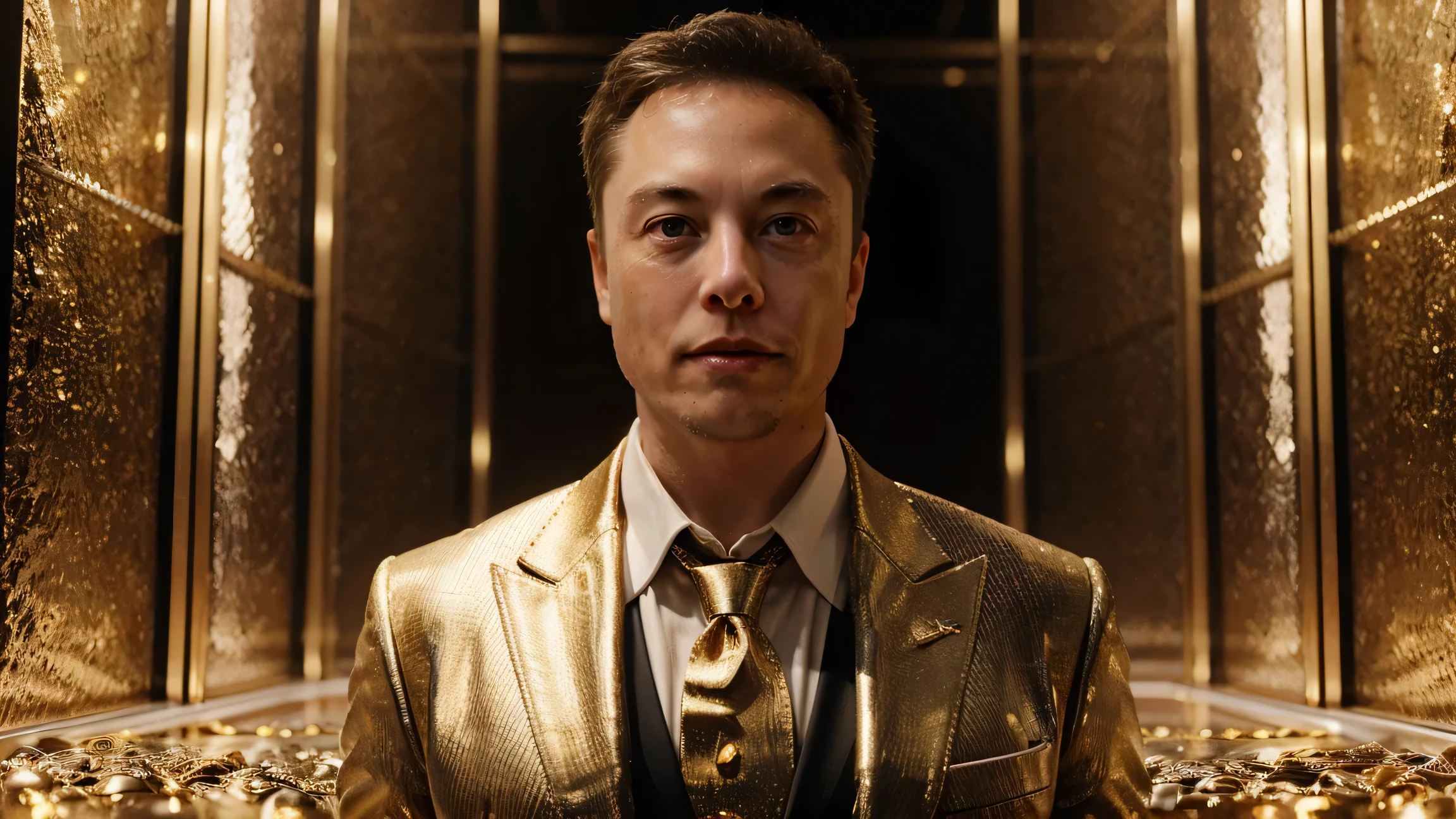 Elon Musk, A detailed and realistic image of a stranger in a suit, Surrounded by a of gold coins and diamonds, ultra-realistic image, hyper-detailed realistic skin, Look for an ultra-realistic image.