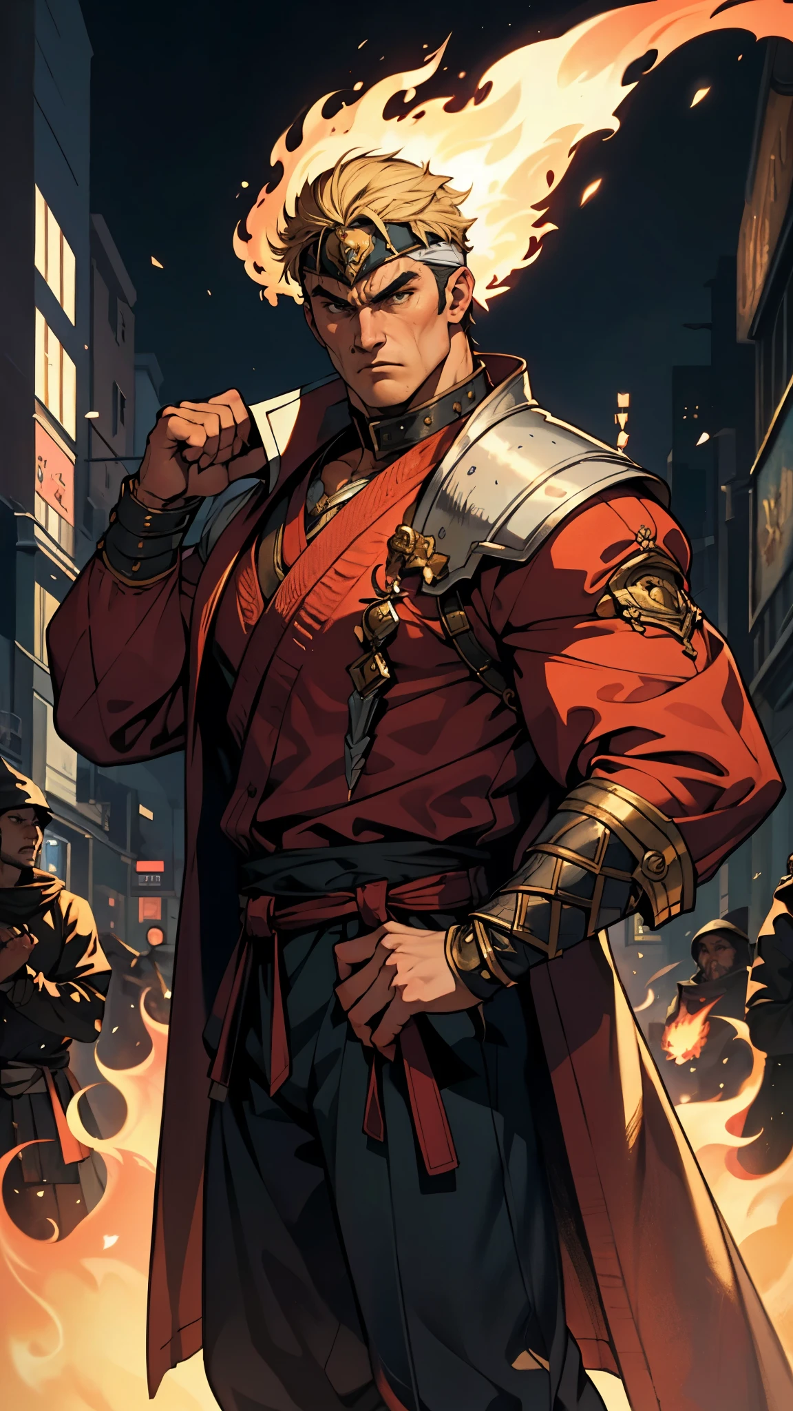 A man with short golden hair, middle-parted bangs, a hexagonal metal forehead protector, round glaring eyes filled with anger, a furious expression, chiseled facial features, a muscular build, an orange fantasy martial arts-style coat with flame-shaped decorations on the collar, a luxurious red and white undershirt, matching trousers, the backdrop of a fantasy-style city street, this character embodies a finely crafted fantasy martial arts-style warrior in anime style, exquisite and mature manga art style, dramatic, high definition, best quality, highres, ultra-detailed, ultra-fine painting, extremely delicate, professional, perfect body proportions, golden ratio, anatomically correct, symmetrical face, extremely detailed eyes and face, high quality eyes, creativity, RAW photo, UHD, 32k, Natural light, cinematic lighting, masterpiece-anatomy-perfect, masterpiece:1.5