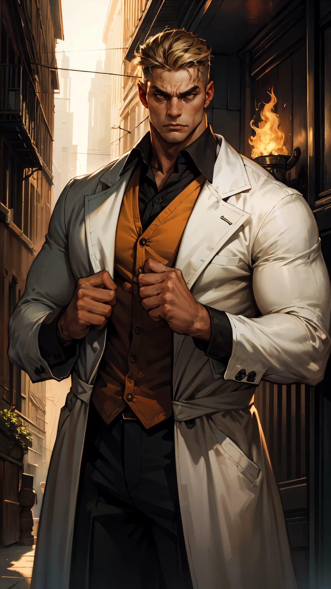 A man with short golden hair, middle-parted bangs, a hexagonal metal forehead protector, round glaring eyes filled with anger, a furious expression, chiseled facial features, a muscular build, an orange fantasy martial arts-style coat with flame-shaped decorations on the collar, a luxurious red and white undershirt, matching trousers, the backdrop of a fantasy-style city street, this character embodies a finely crafted fantasy martial arts-style warrior in anime style, exquisite and mature manga art style, dramatic, high definition, best quality, highres, ultra-detailed, ultra-fine painting, extremely delicate, professional, perfect body proportions, golden ratio, anatomically correct, symmetrical face, extremely detailed eyes and face, high quality eyes, creativity, RAW photo, UHD, 32k, Natural light, cinematic lighting, masterpiece-anatomy-perfect, masterpiece:1.5