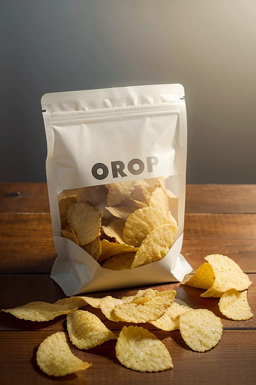 Produce an image of an open bag of potato chips with fog or mist pouring out of it. Within the mist, faint shapes of faces or hands should be visible