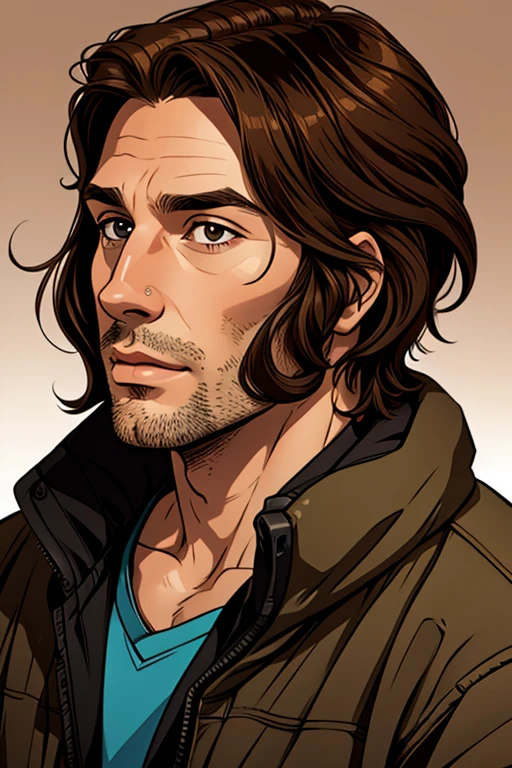 three quarter view face, male, 30 years old, messy brown hair
