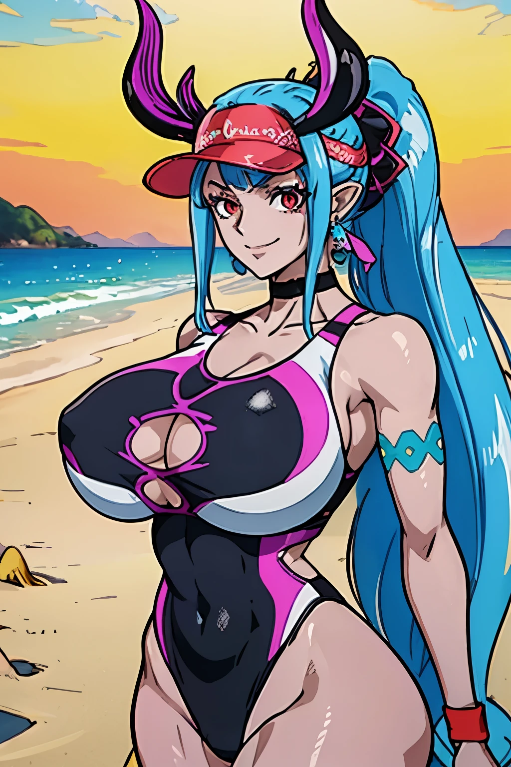 masterpiece, best quality, highres, 1girl, solo, long hair, multicolored hair, blue hair, pink hair, ponytail, sidelocks, bangs, horns, visor cap, pointy ears, earrings, red eyes, colored skin, grey skin, body markings, large breasts, choker, clothing cutout, one-piece swimsuit, wristband, cowboy shot, standing, beach, smile, oda eiichirou, ideal ratio body proportions,muscle,abs,gigantic breasts,gleaming skin, muscular thighs,toned