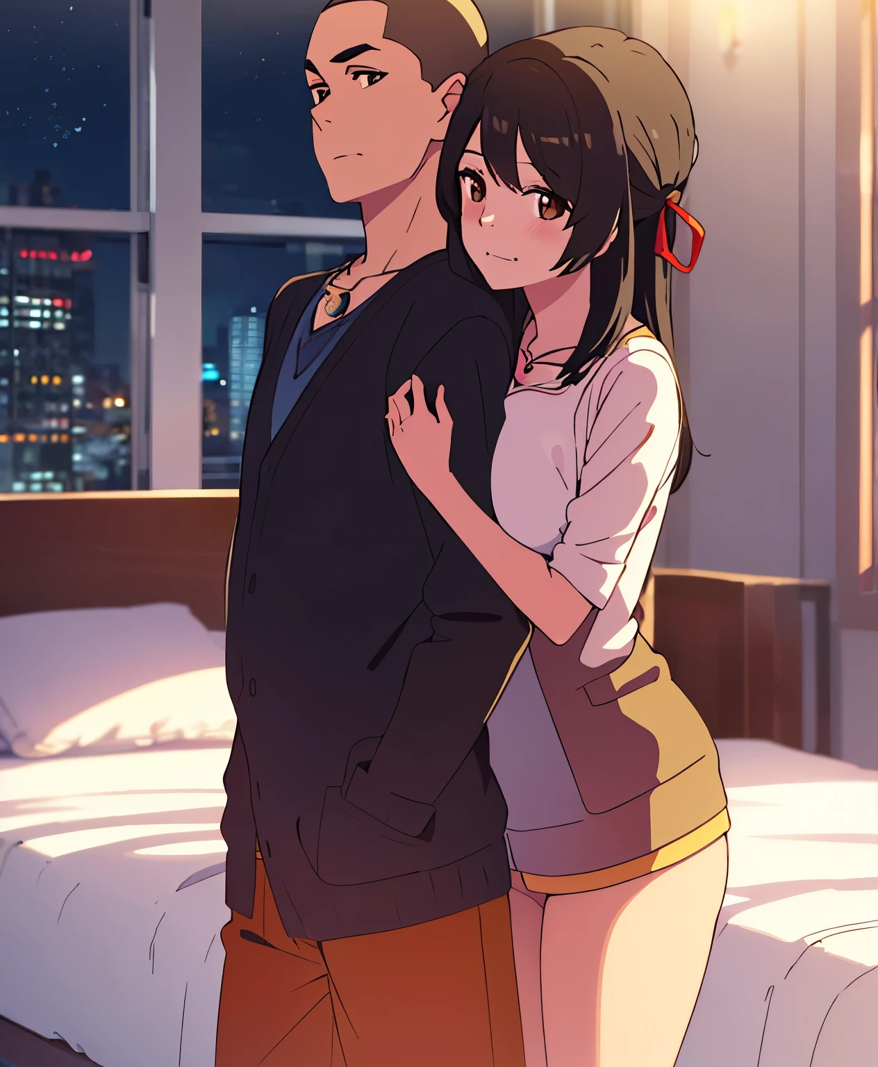 1boy buzzcut, bottomless, hug from behind, buzzcut boy caressing girl's body, breast groping, breast grope, hold breast, biting shoulders, sex from behind, mitsuha miyamizu, black hair, brown eyes,
long hair, straight hair, hair ribbon, cardigan, pink cardigan, shirt, yellow shirt, belt, pants, orange pants, necklace, collarbone,
indoors, night, bedroom,
looking at viewer,