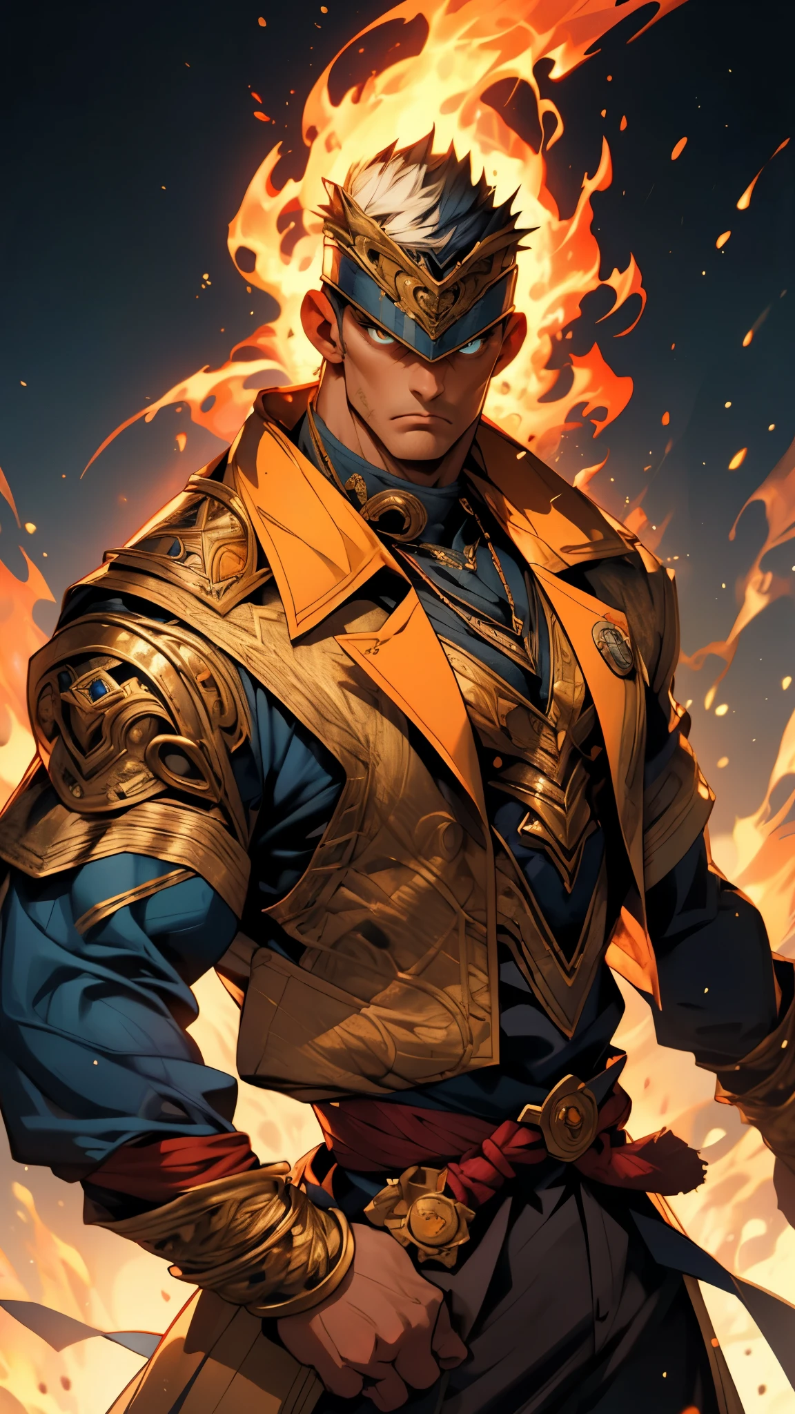 A man with short golden hair, middle-parted bangs, a hexagonal metal forehead protector, round glaring eyes filled with anger, a furious expression, chiseled facial features, a muscular build, an orange fantasy martial arts-style coat with flame-shaped decorations on the collar, a luxurious red and white undershirt, matching trousers, the backdrop of a fantasy-style city street, this character embodies a finely crafted fantasy martial arts-style warrior in anime style, exquisite and mature manga art style, dramatic, high definition, best quality, highres, ultra-detailed, ultra-fine painting, extremely delicate, professional, perfect body proportions, golden ratio, anatomically correct, symmetrical face, extremely detailed eyes and face, high quality eyes, creativity, RAW photo, UHD, 32k, Natural light, cinematic lighting, masterpiece-anatomy-perfect, masterpiece:1.5