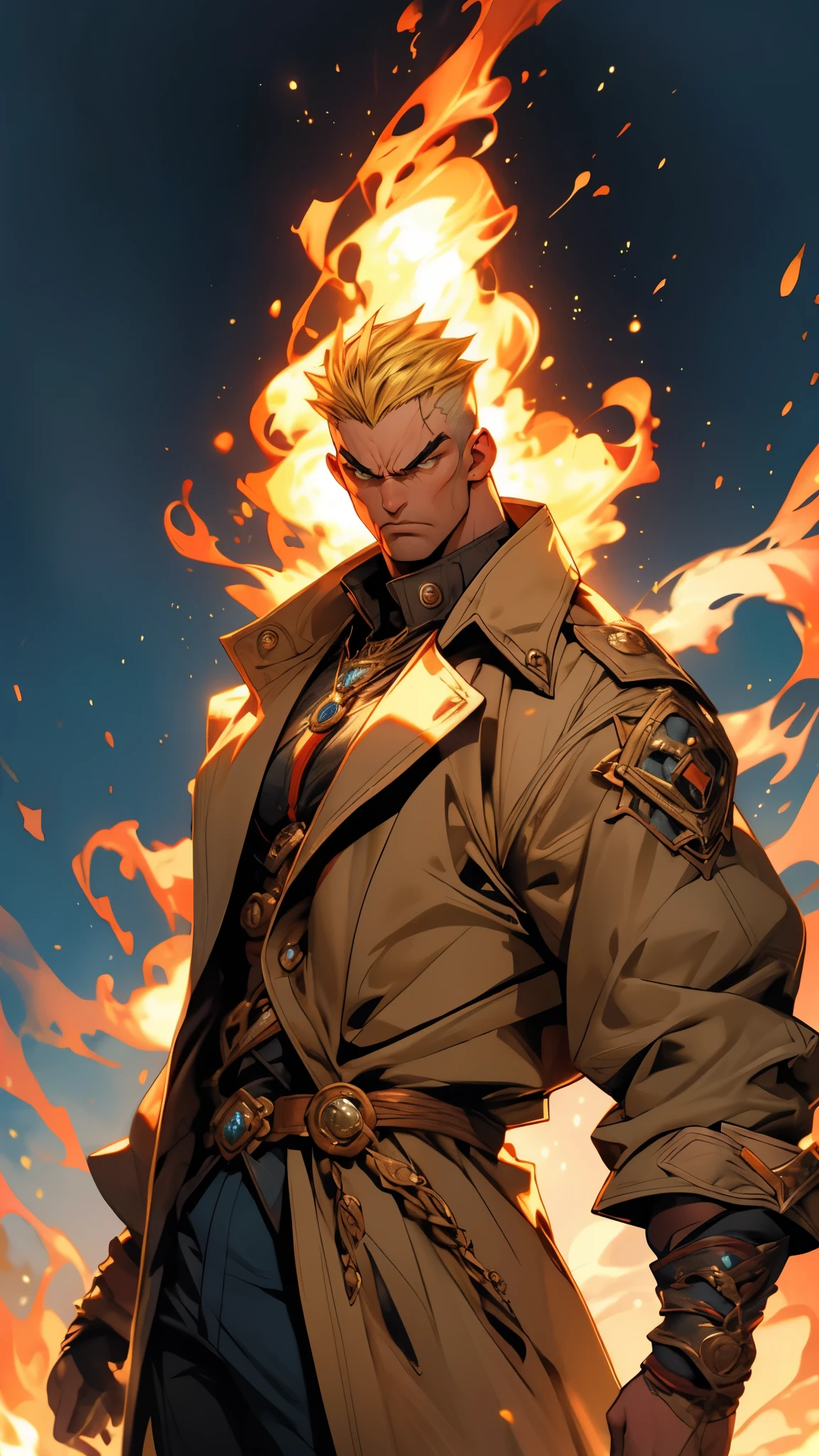 A man with short golden hair, middle-parted bangs, a hexagonal metal forehead protector, round glaring eyes filled with anger, a furious expression, chiseled facial features, a muscular build, an orange fantasy martial arts-style coat with flame-shaped decorations on the collar, a luxurious red and white undershirt, matching trousers, the backdrop of a fantasy-style city street, this character embodies a finely crafted fantasy martial arts-style warrior in anime style, exquisite and mature manga art style, dramatic, high definition, best quality, highres, ultra-detailed, ultra-fine painting, extremely delicate, professional, perfect body proportions, golden ratio, anatomically correct, symmetrical face, extremely detailed eyes and face, high quality eyes, creativity, RAW photo, UHD, 32k, Natural light, cinematic lighting, masterpiece-anatomy-perfect, masterpiece:1.5