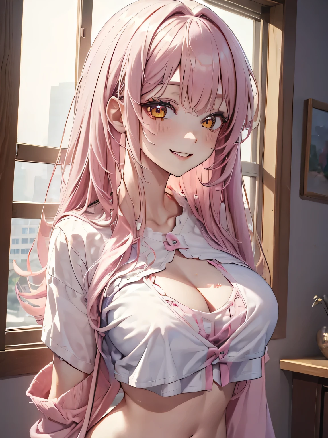 (masterpiece, best quality:1.4), 8k, Close Up, light pink Hair, Long Hair, Young adult, anime girl, Smiling, Teasing, light Yellow Eyes, Big Chest, White Crop top, Pink Cardigan (detailed eyes and face, sharp pupils, realistic pupils:0.6)