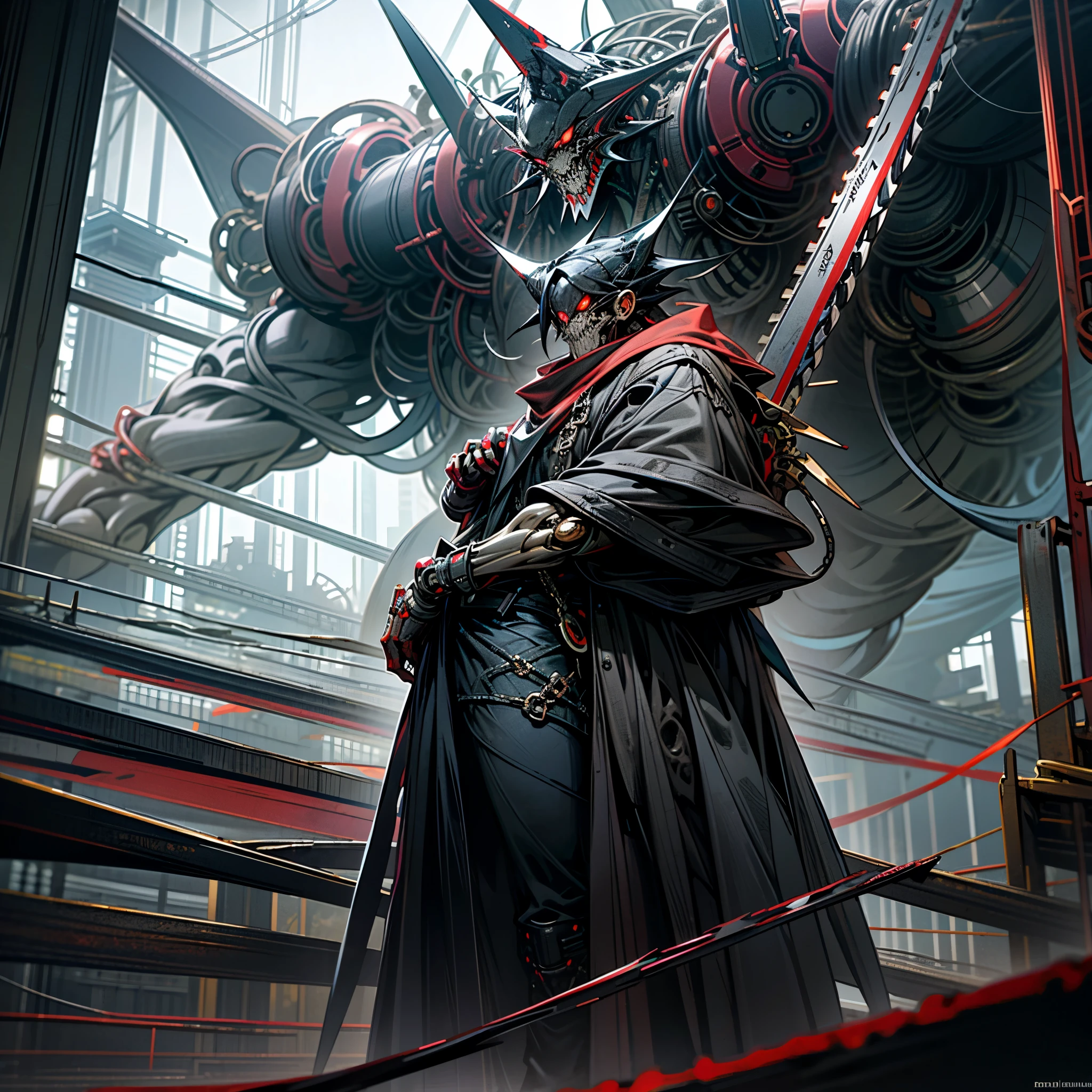 Dark_Fantasy, Cyberpunk, (chain saw, Demonio Bomba chain saw man, Red:1.1), Lone figure, Mechanical menace, Sinister presence, Demonic guardian,
In the throes of a dark and desolate metropolis, the Demonio Bomba chain saw man stands alone, a mechanical menace in the heart of the city. Clad in an array of weapons and metal, he is a daunting figure, a sinister presence looming over the cityscape. His most prominent feature is the towering, red chain saw, a symbol of his lethal power, constantly humming with an aura of malice. The Demonio