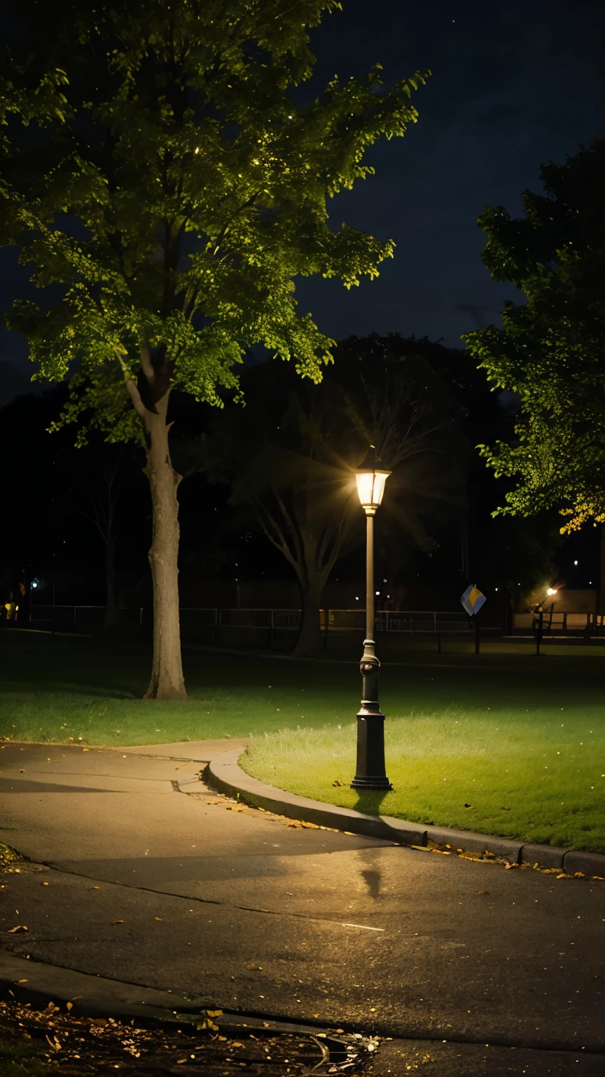 in the park at night, there is a yellow light from the side
